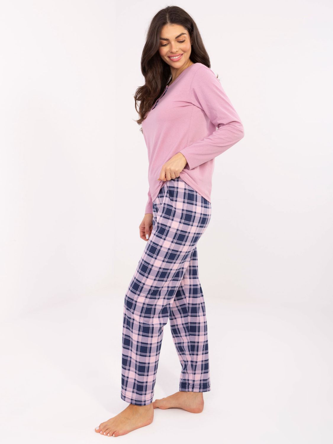 Damen-Pyjama mit langen Ärmeln in Rosa mit Karomuster