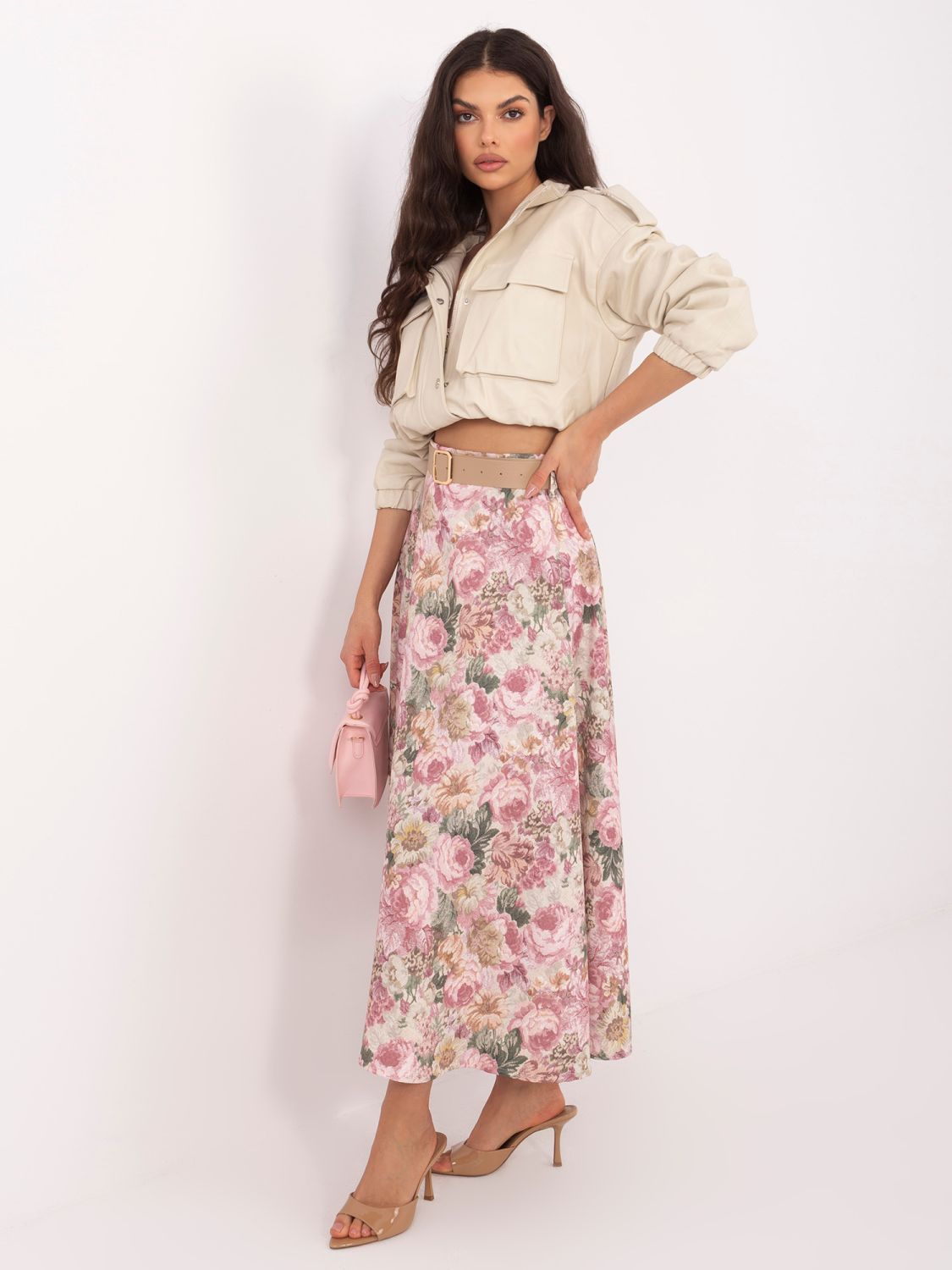 Eleganter Midirock mit Blumenmuster und Gürtel, rosa