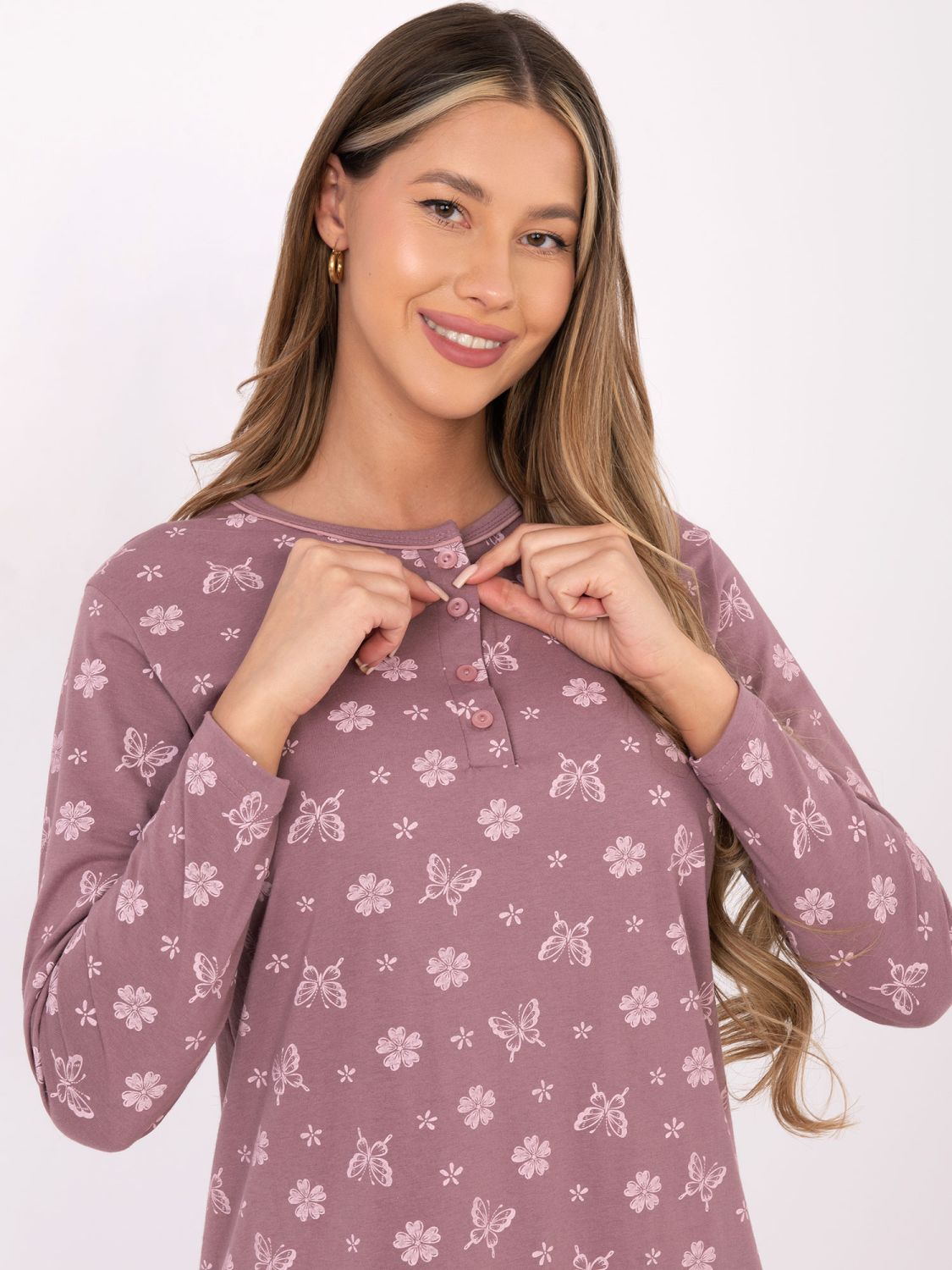 Damen-Nachthemd mit langen Ärmeln, dunkelrosa