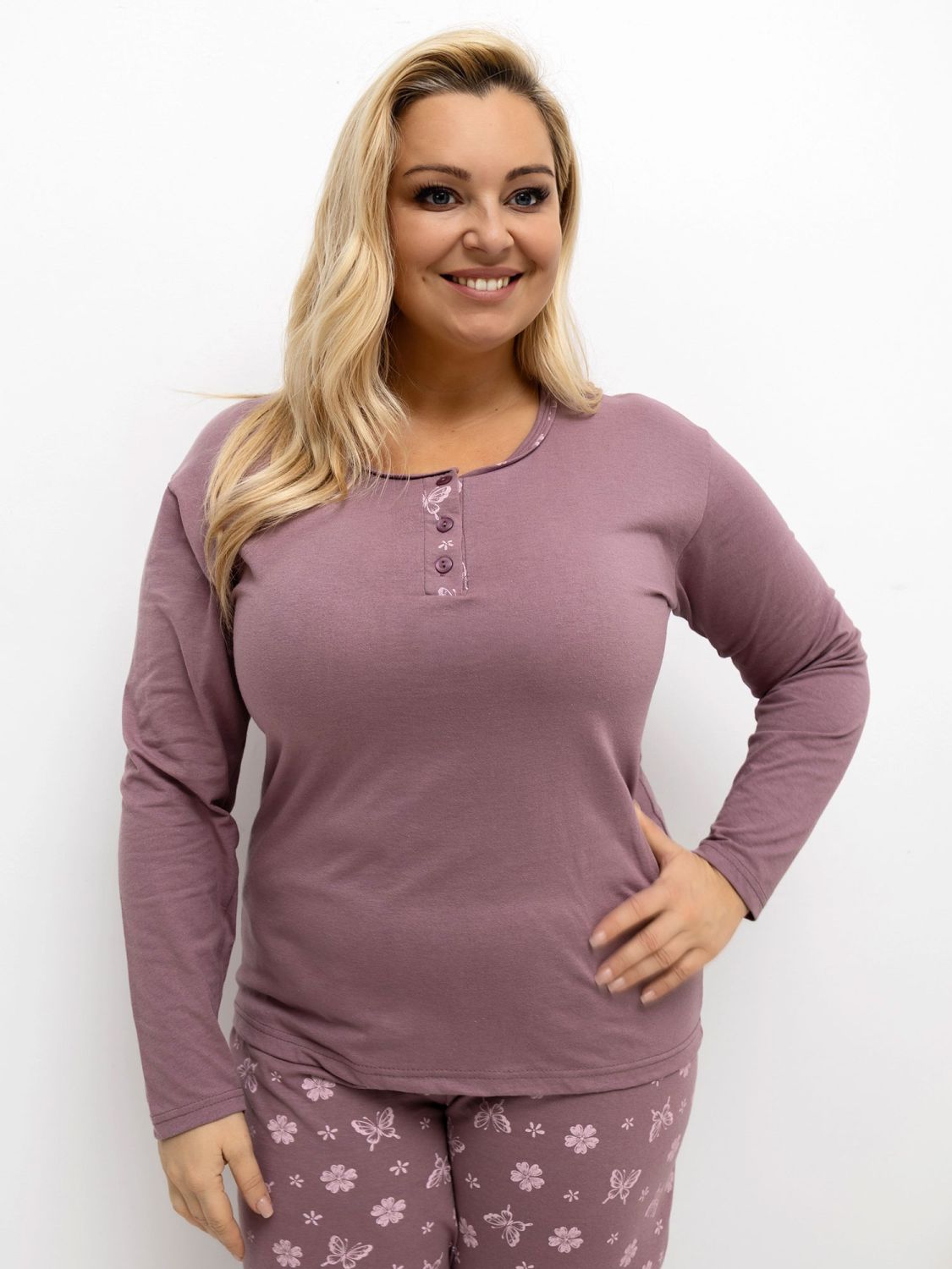 Damen-Pyjama mit Blumenmuster, langarm, rosa