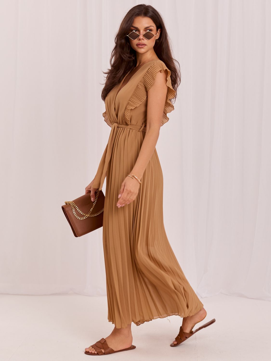 Braunes ausgestelltes Midi-Kleid mit Gürtel