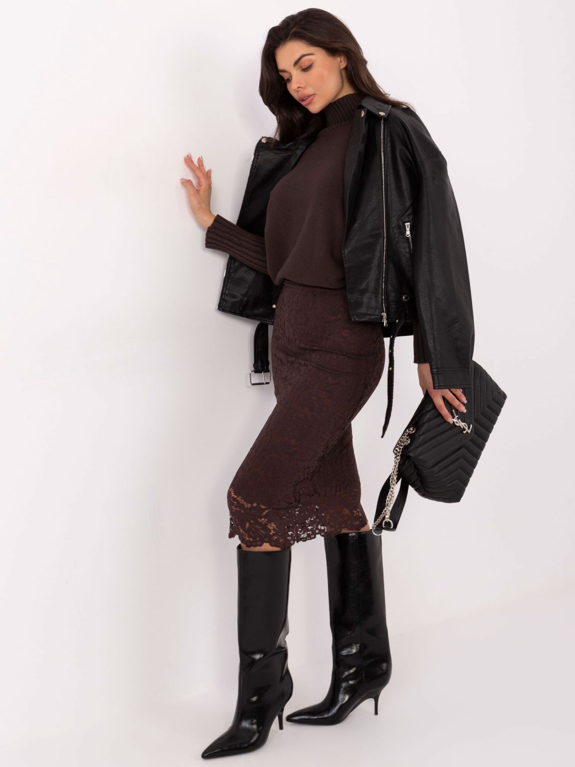 Eleganter Midi-Rock mit Spitze und Futter, braun