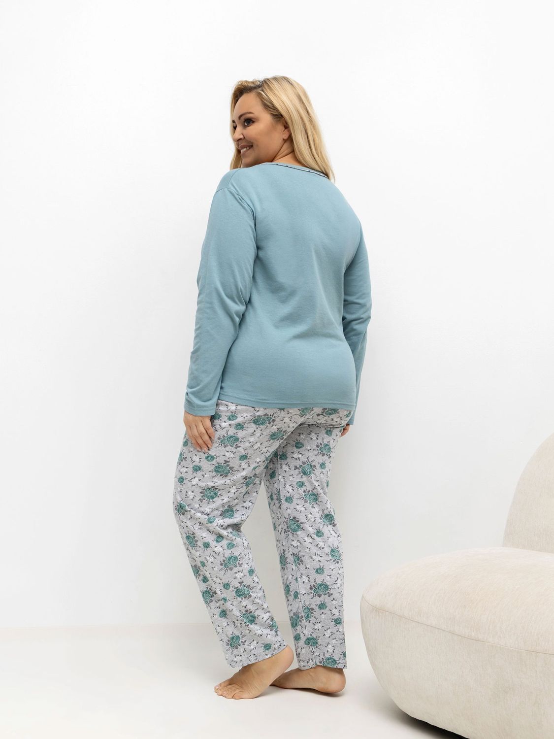 Damen-Pyjama mit Blumenmuster, langarm, grün