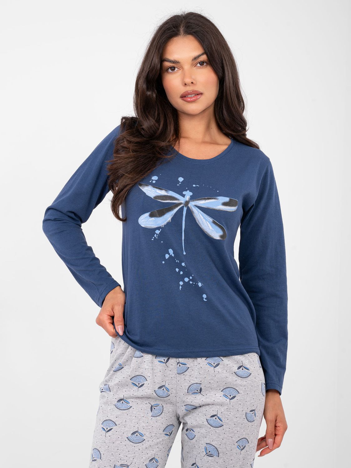 Damen-Schlafanzug aus Baumwolle, langarm, dunkelblau