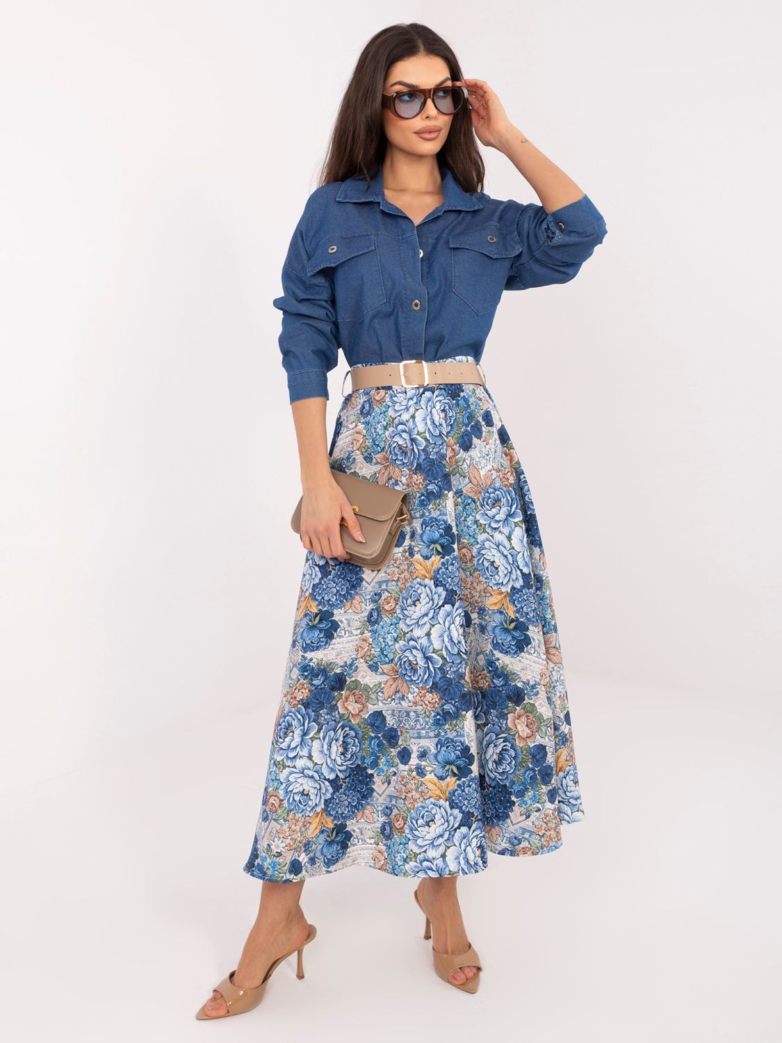 Eleganter Midirock mit Blumenmuster und Gürtel, dunkelblau