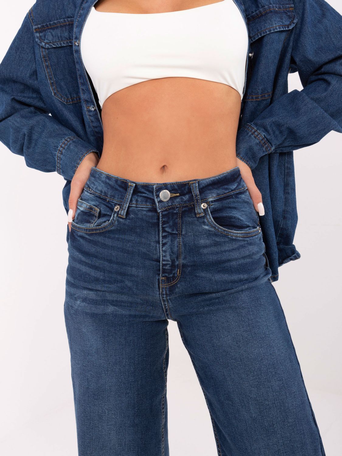 Damen-Jeans mit weitem Bein und hohem Bund – dunkelblau