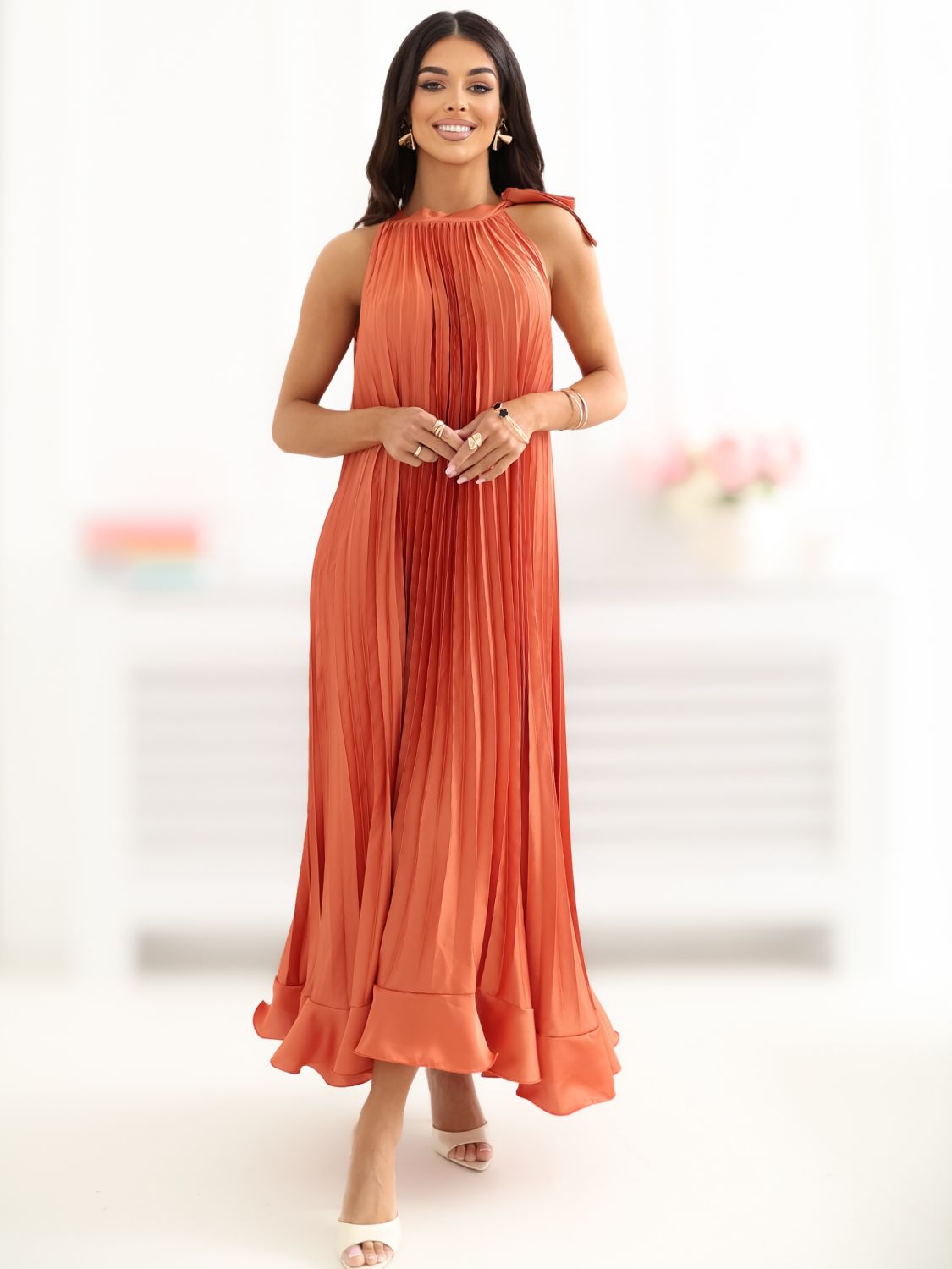 Oranges Midi-Cocktailkleid ohne Ärmel