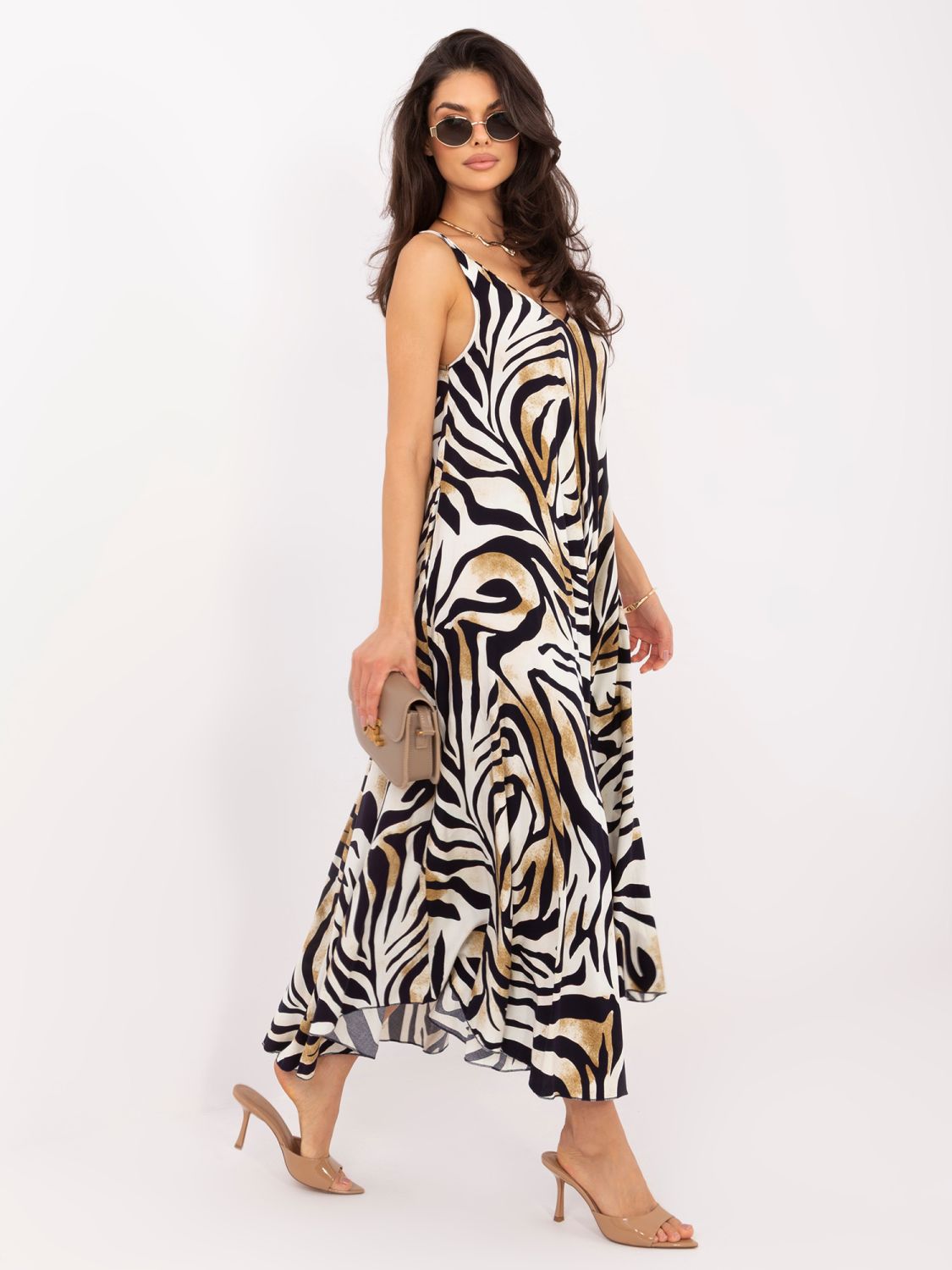 Schwarzes Maxi-Kleid mit V-Ausschnitt und Animal-Print