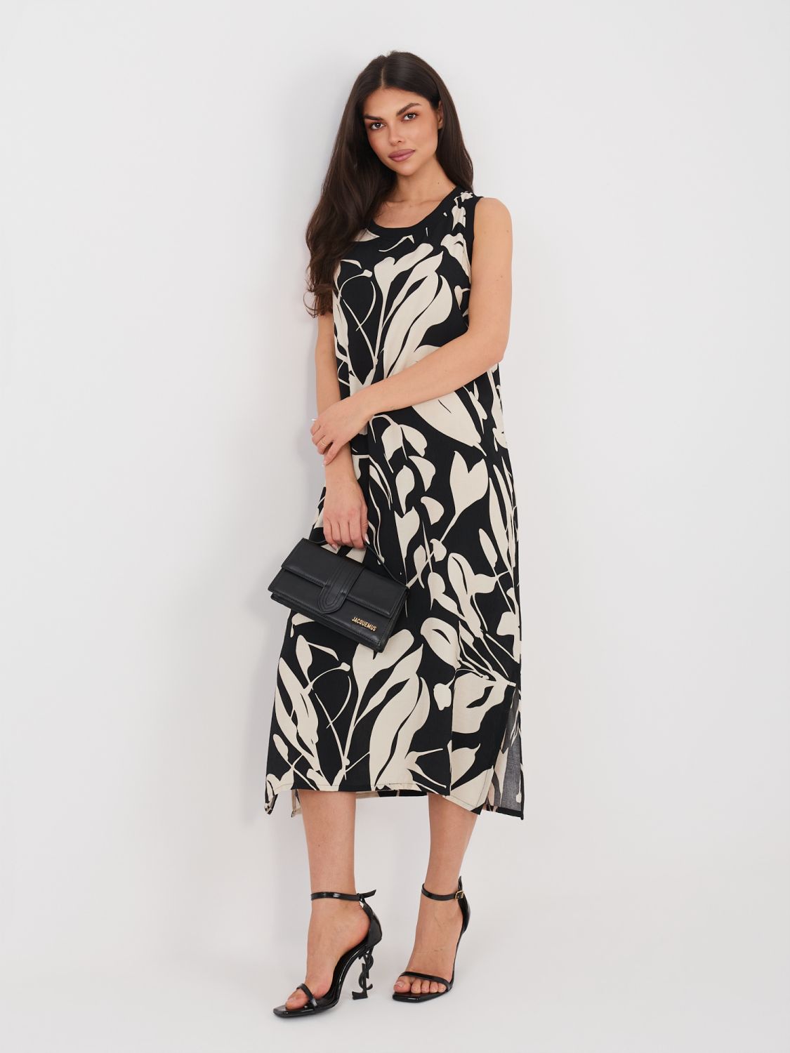 Schwarzes Midi-Sommerkleid mit Print