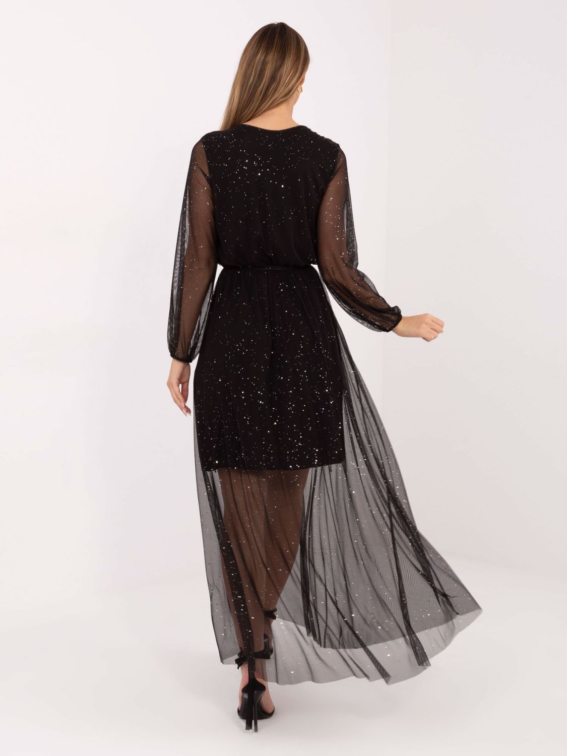 Schwarzes Maxi-Kleid mit Applikation und Gürtel