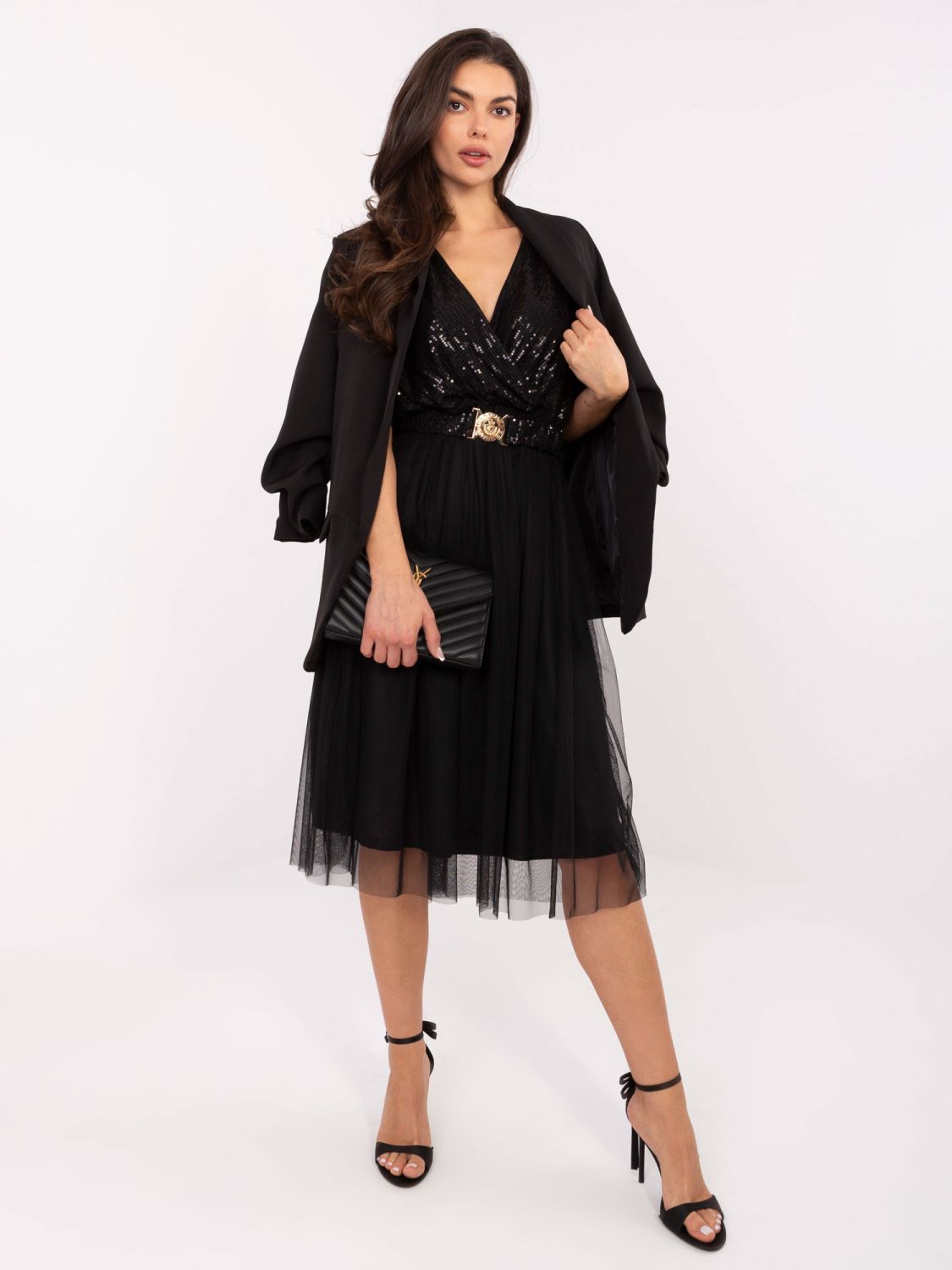 Schwarzes Midi-Kleid mit Gürtel und Paillettenapplikation