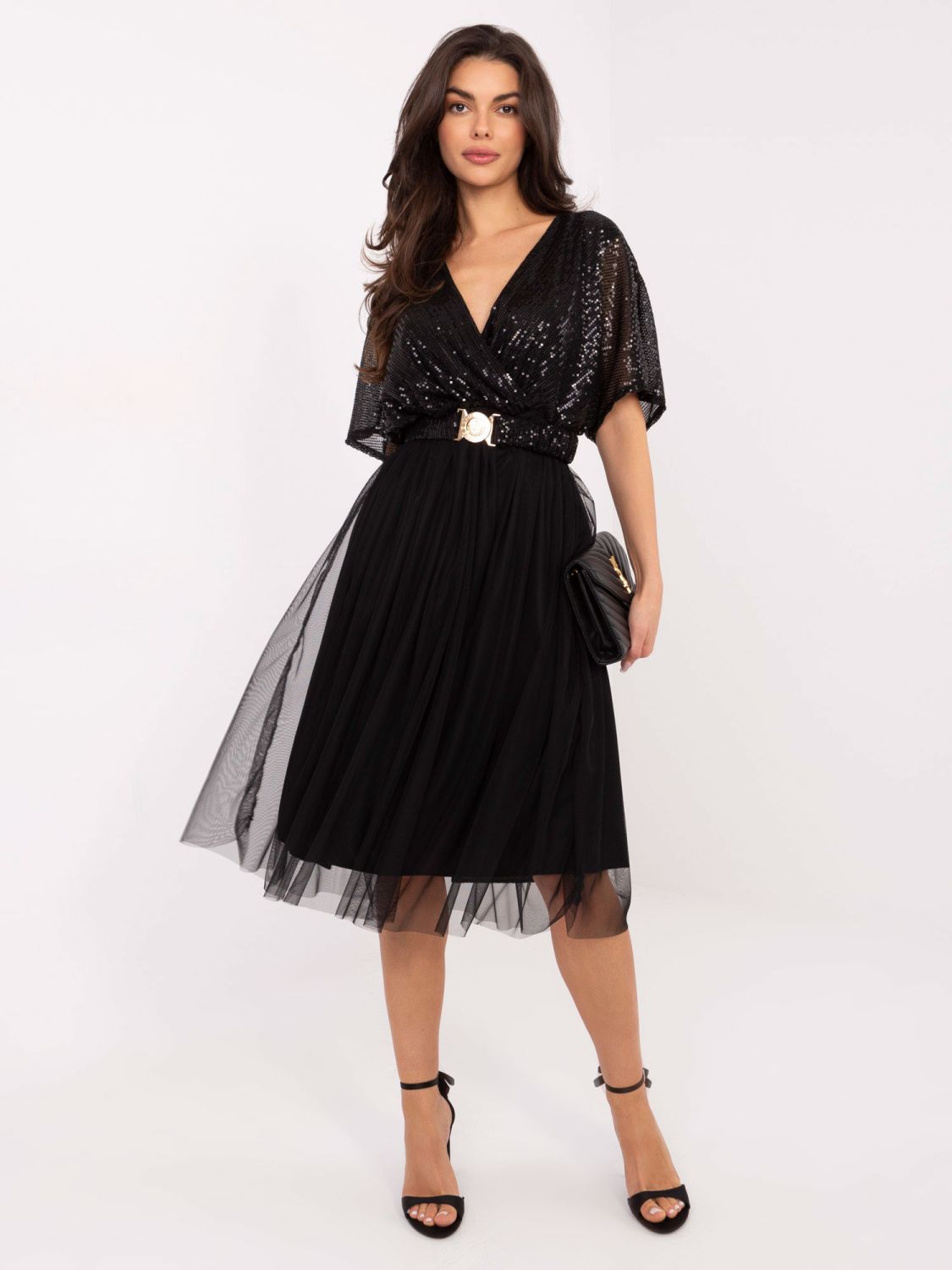 Schwarzes Midi-Kleid mit Gürtel und Paillettenapplikation