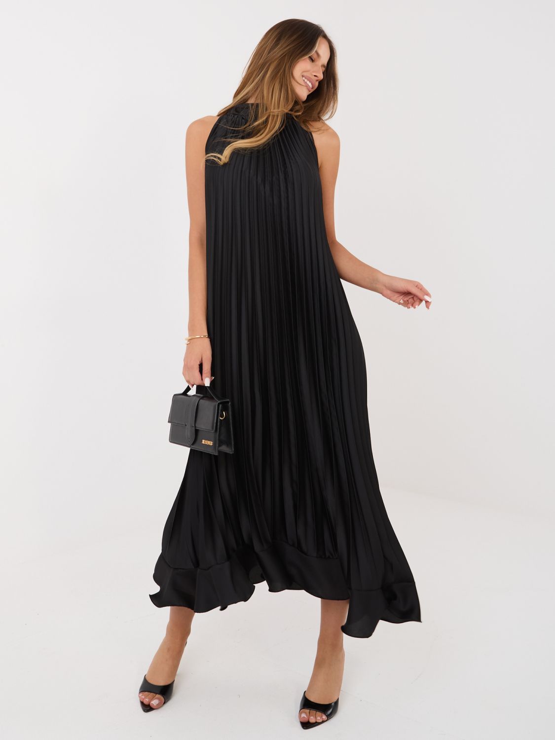 Schwarzes Cocktail-Midikleid mit Bindegürtel und Volant