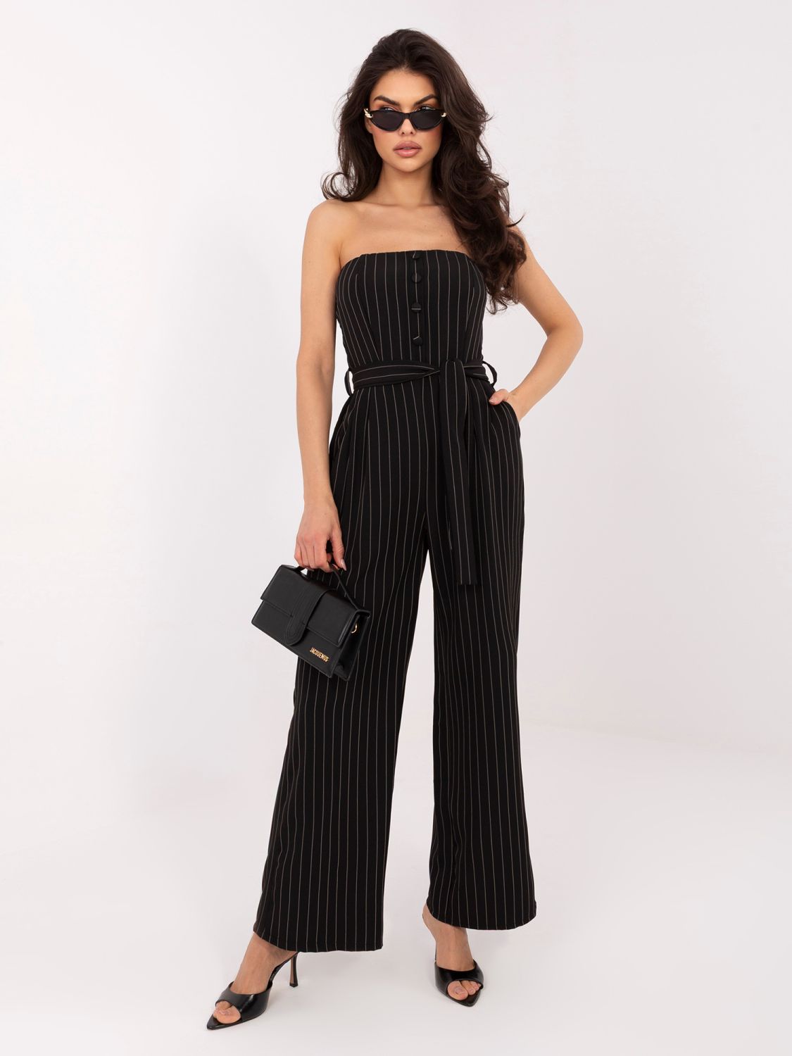 Schwarzer gestreifter Jumpsuit mit Gürtel und weitem Bein