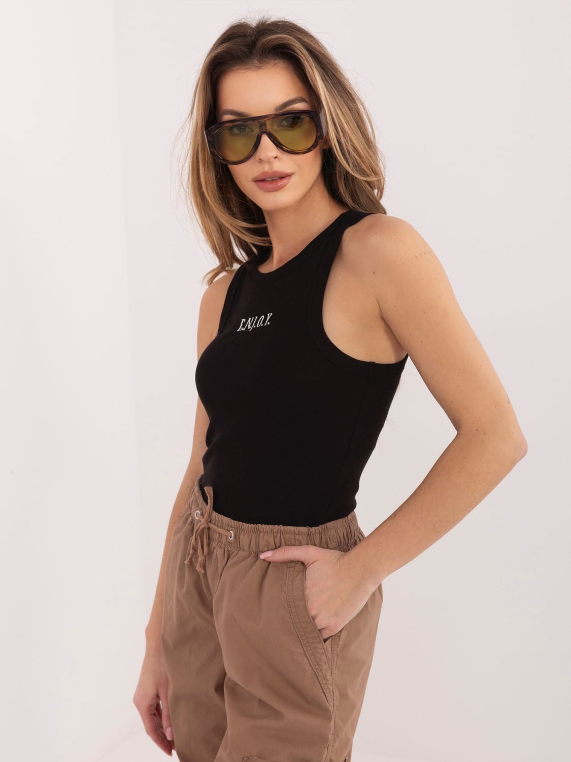 Schwarzes Baumwolltop mit Stickerei und Schriftzug