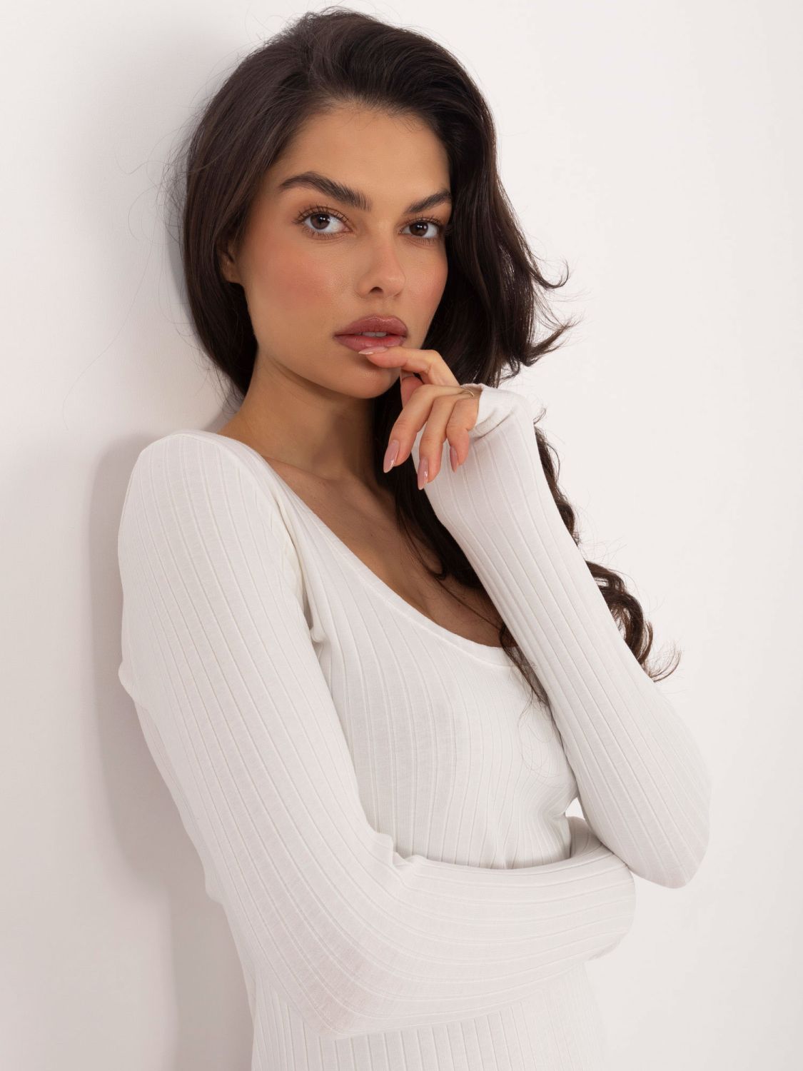Geripptes Baumwoll-Body mit langen Ärmeln in Ecru