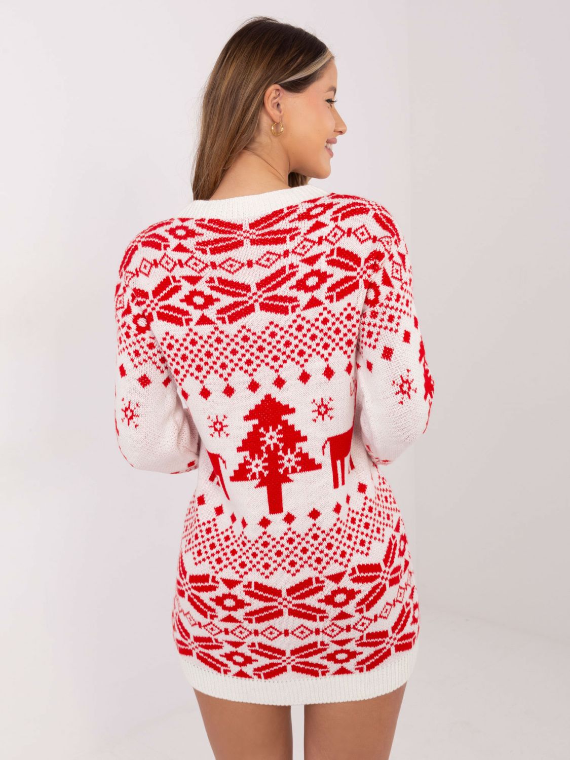Langer Damenpullover mit Print, ecru