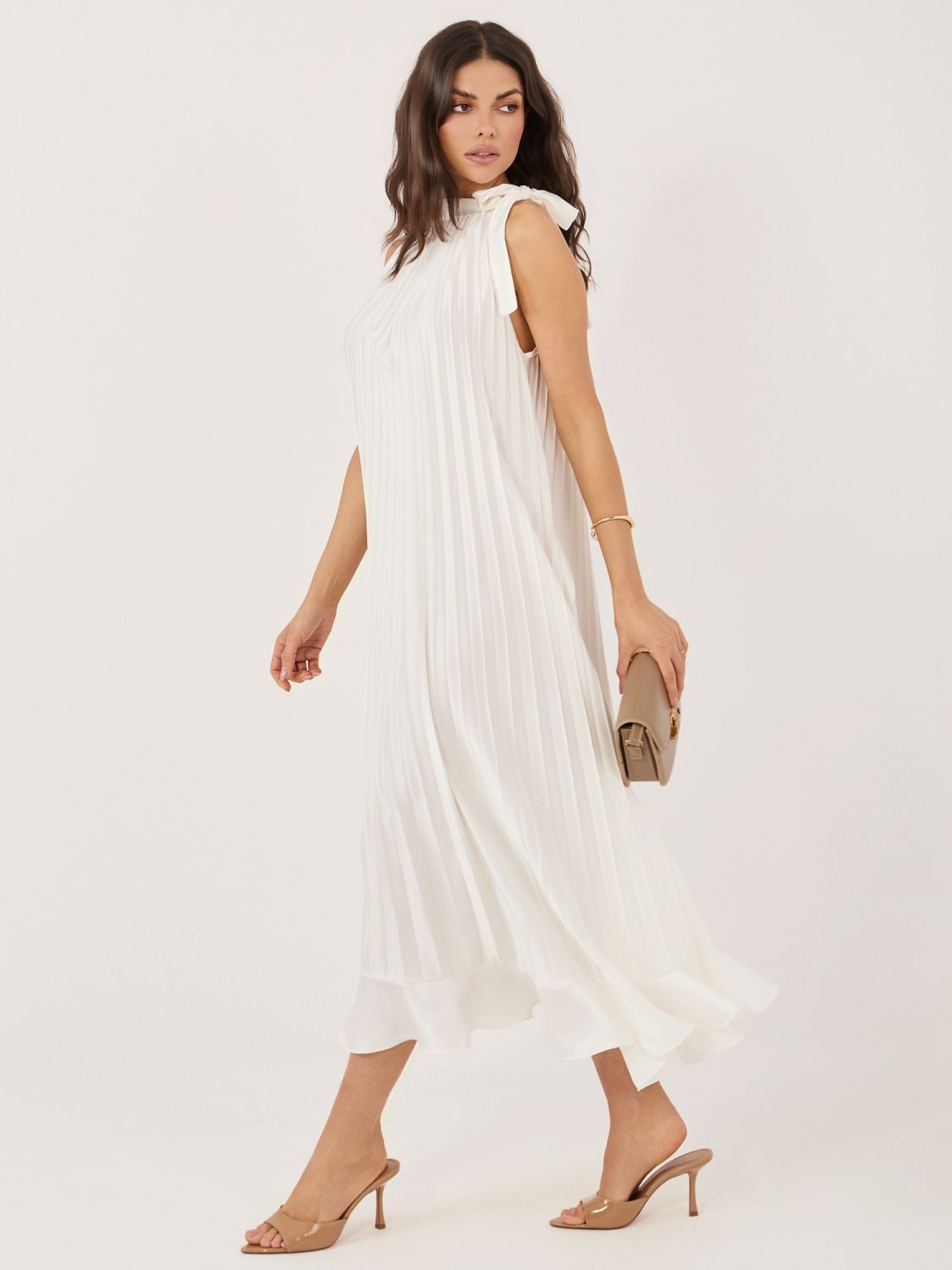 Elegantes Midi-Kleid mit Volant und Bindegürtel, ecru