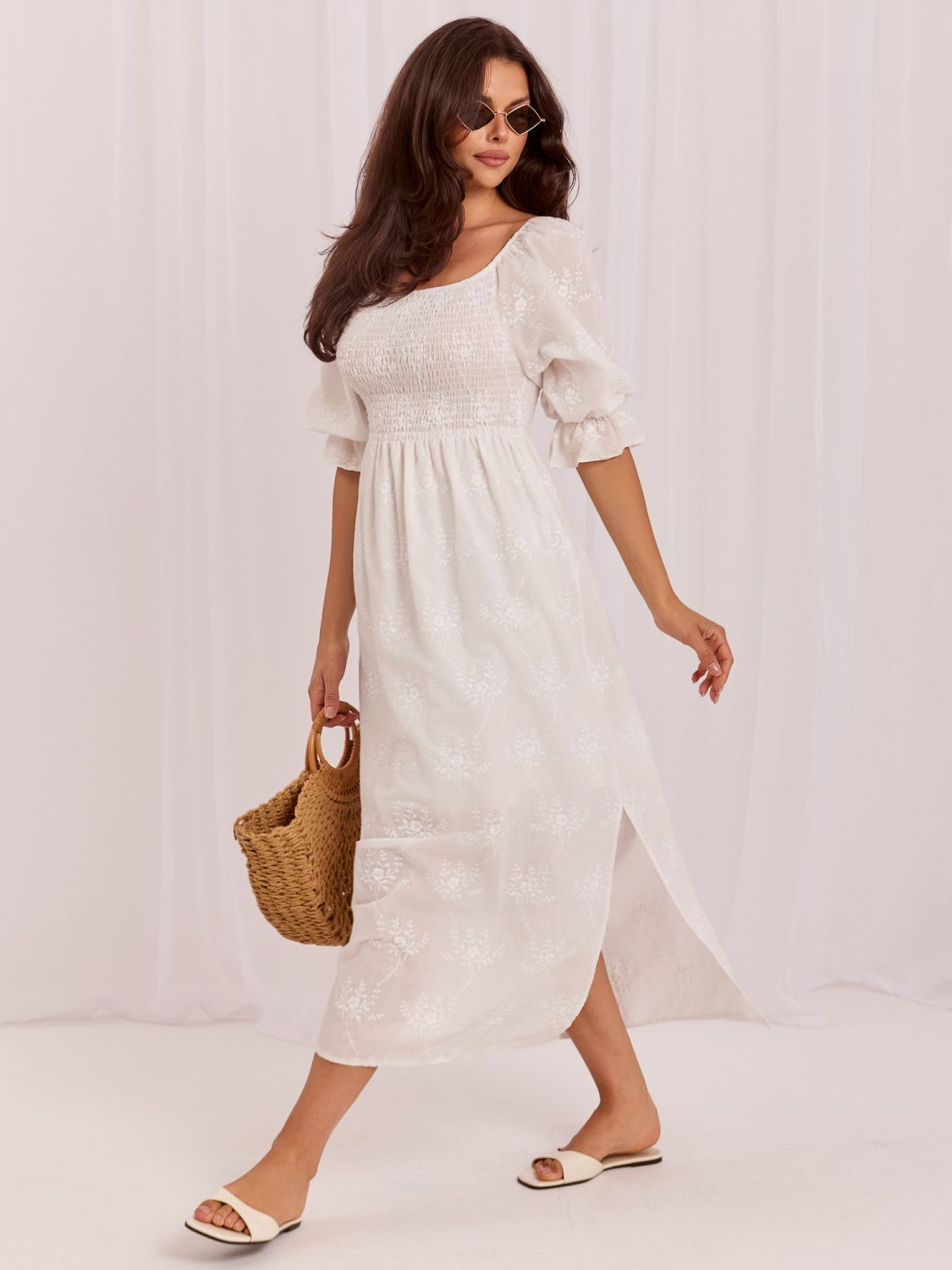 Baumwoll-Midikleid mit Stickerei und 3/4-Ärmeln