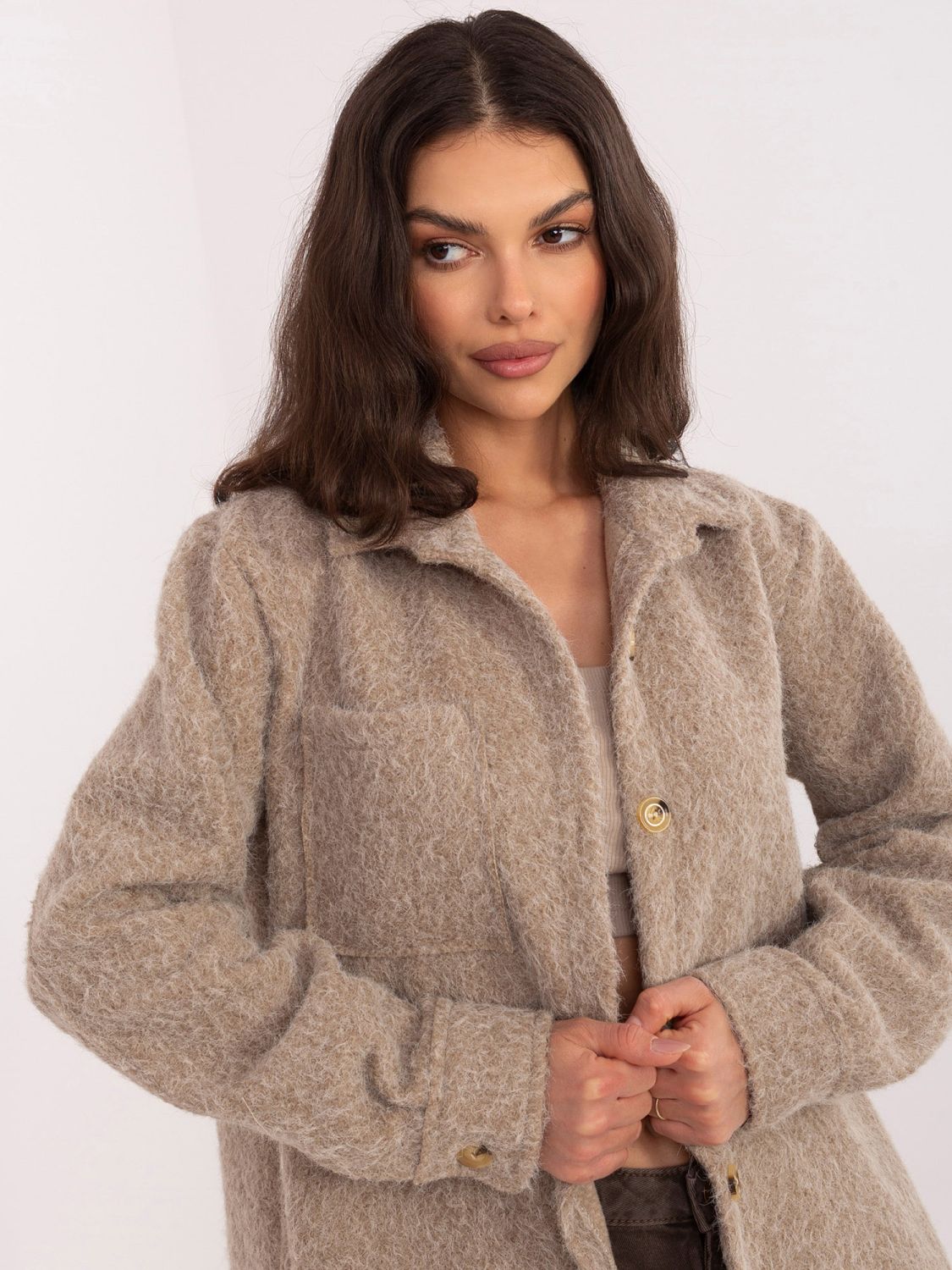 Beige Übergangsjacke mit Kragen und Taschen