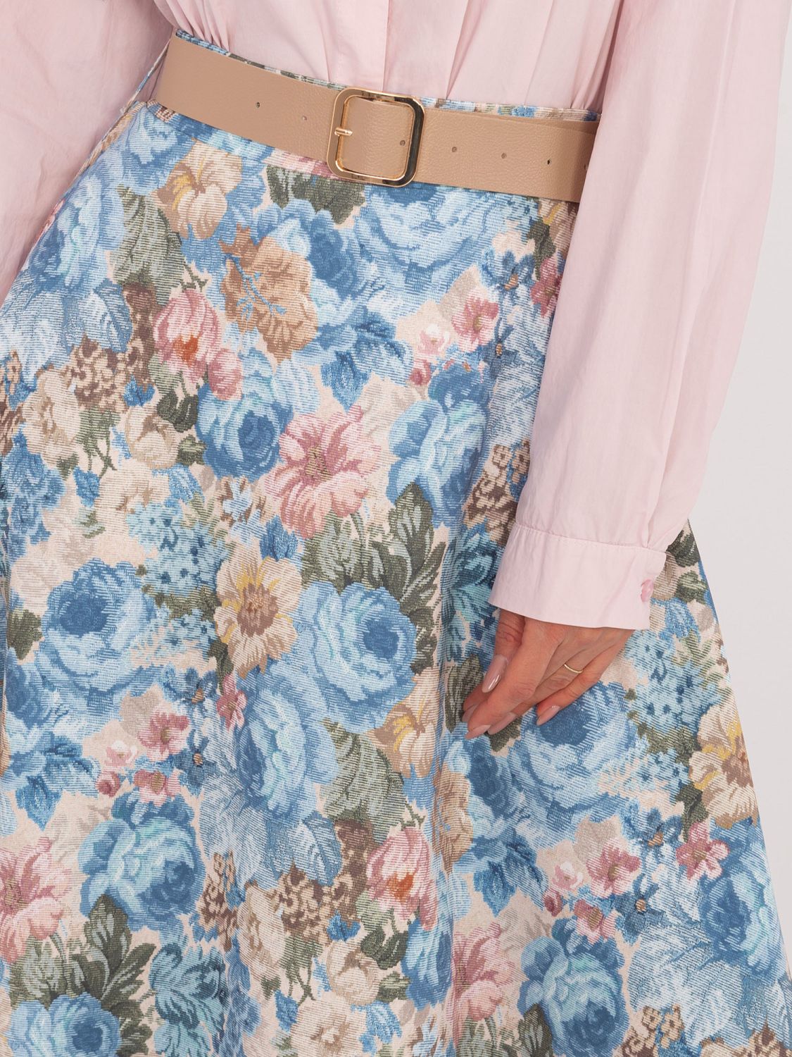 Eleganter Midirock mit Blumenmuster und Gürtel, blau