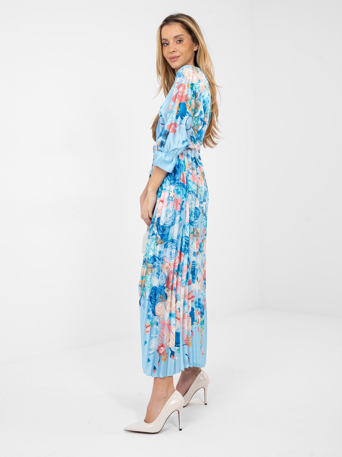 Maxikleid mit Blumenmuster und Gürtel, blau