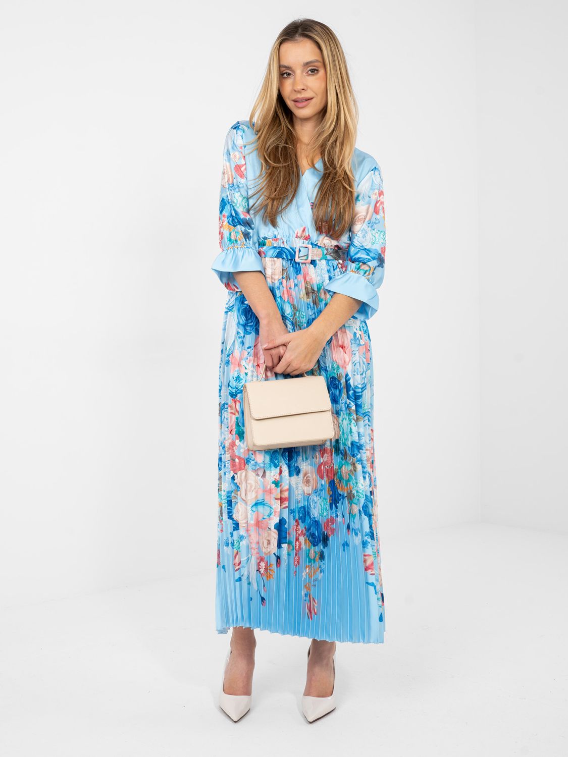 Maxikleid mit Blumenmuster und Gürtel, blau