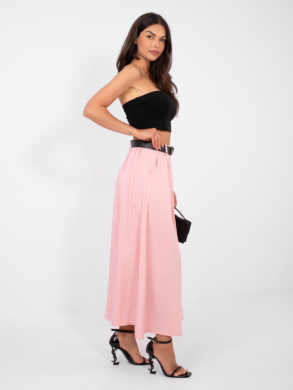 Eleganter Maxi-Rock mit Gürtel und Taschen, rosa