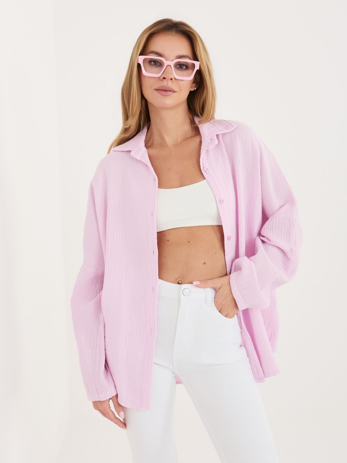 Hellrosa Baumwollbluse mit Kragen