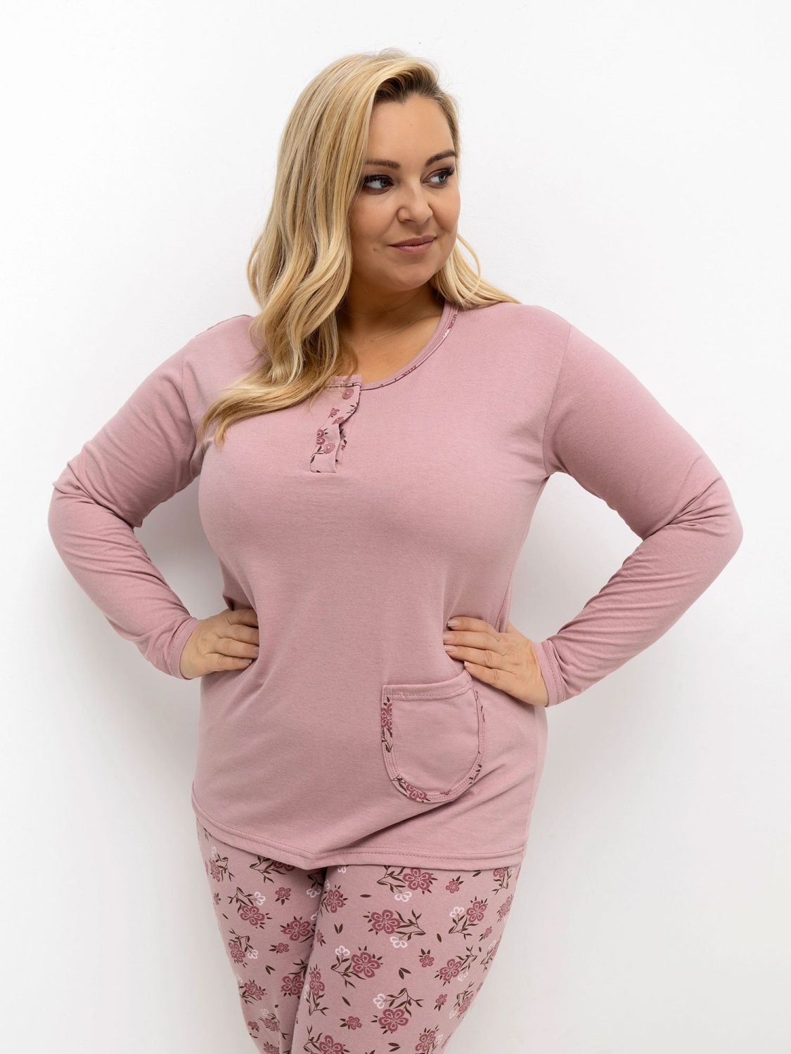 Damen-Pyjama mit Blumenmuster und langen Ärmeln, rosa