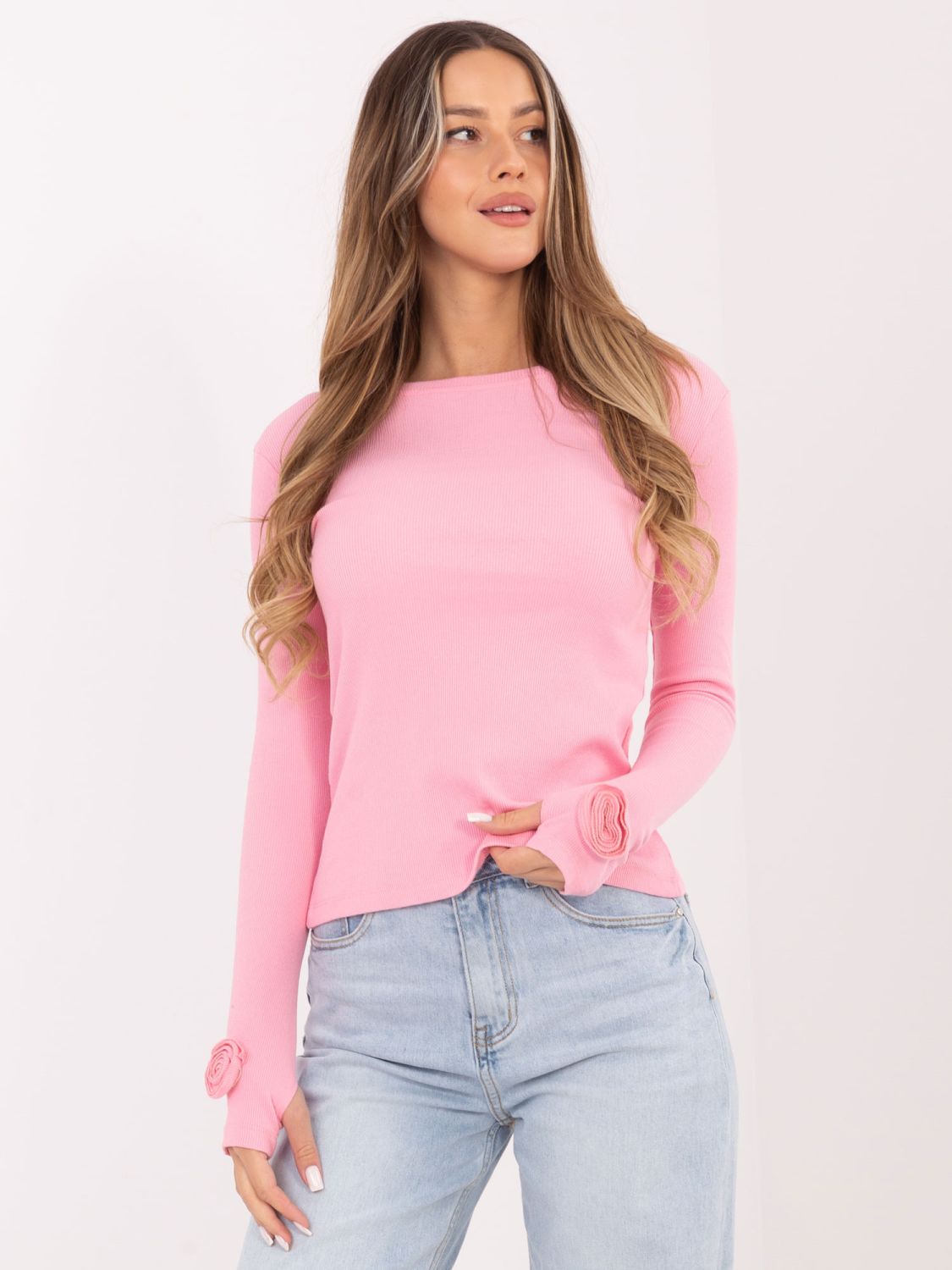 Hellrosa, gerippte Bluse mit langen Ärmeln