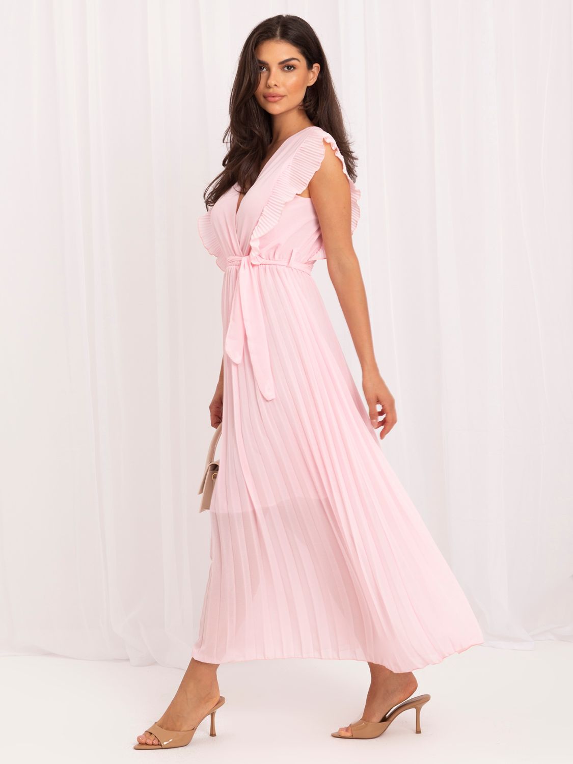 Hellrosa ausgestelltes Midi-Kleid mit Gürtel
