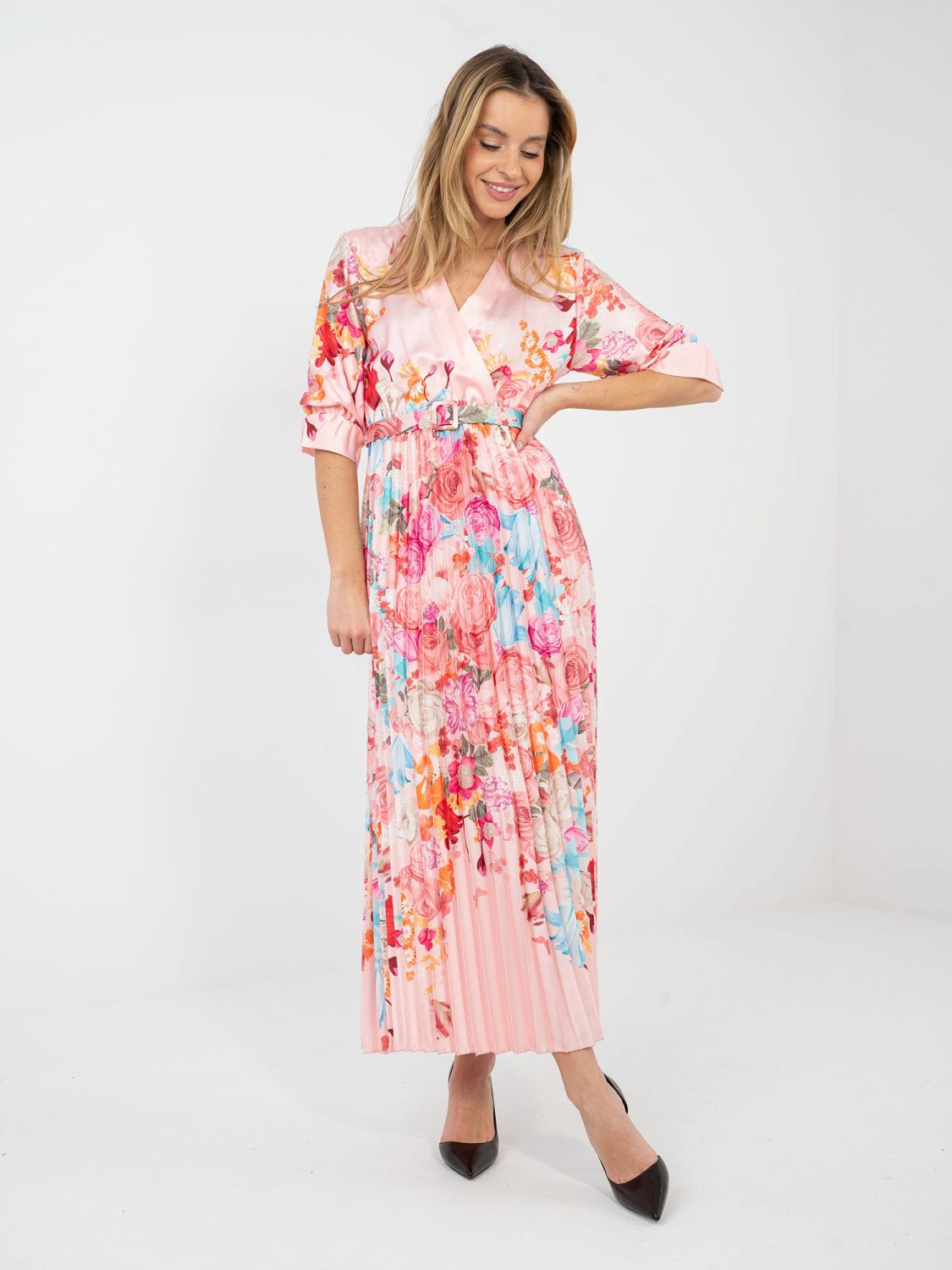 Maxi-Kleid mit Blumenmuster und Gürtel, rosa