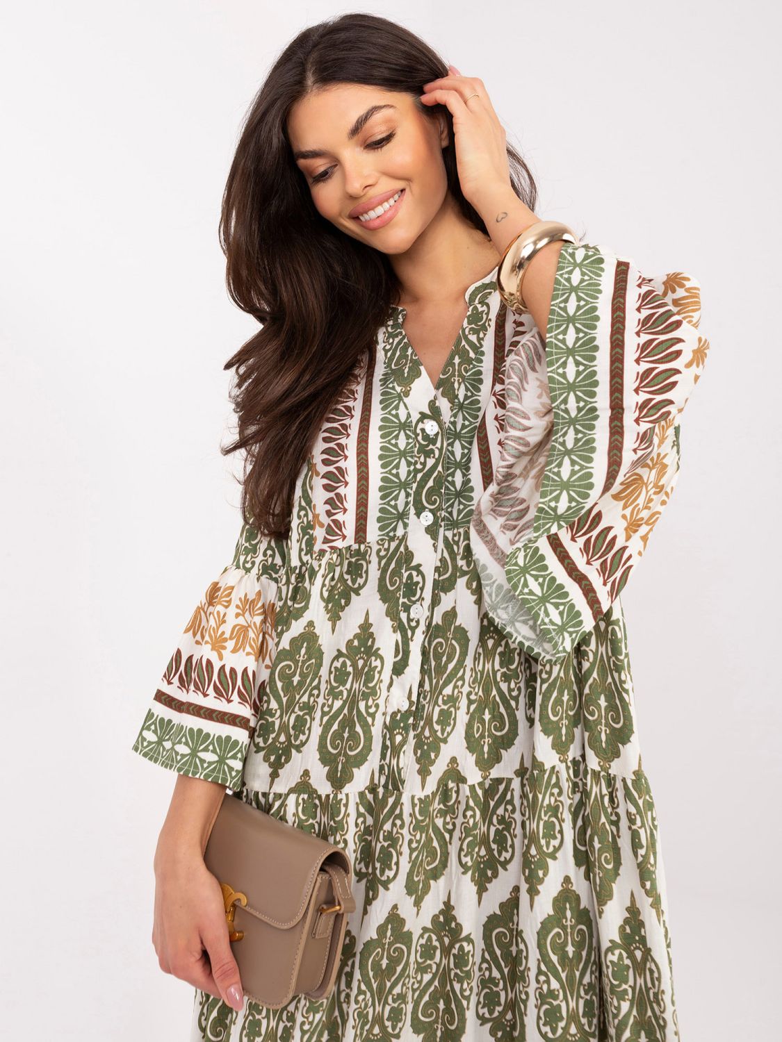 Khaki Maxi-Kleid mit Print und 3/4-Ärmeln