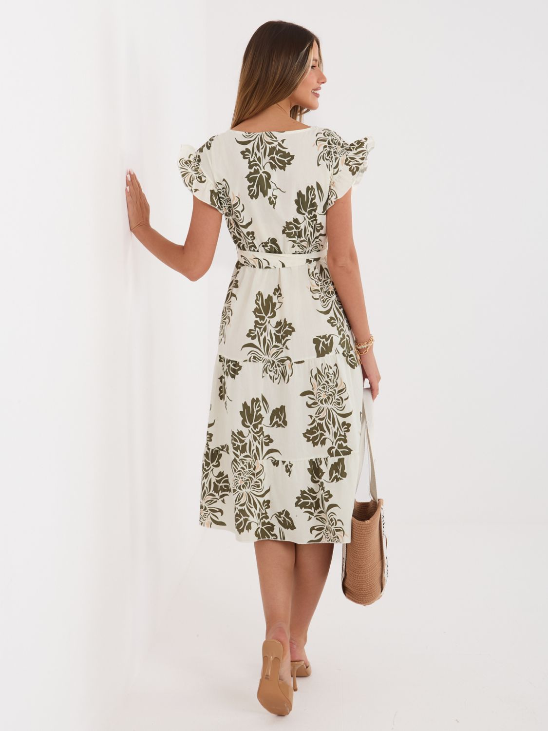 Khaki Midi-Kleid mit Print und Gürtel