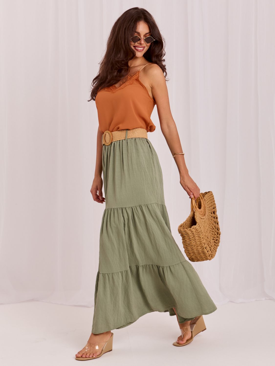 Maxi-Boho-Rock mit Volant und Gürtel, khaki