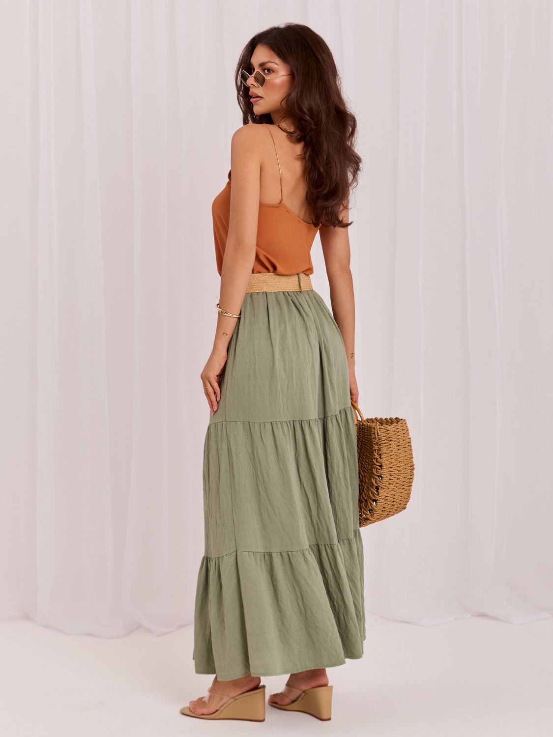Maxi-Boho-Rock mit Volant und Gürtel, khaki