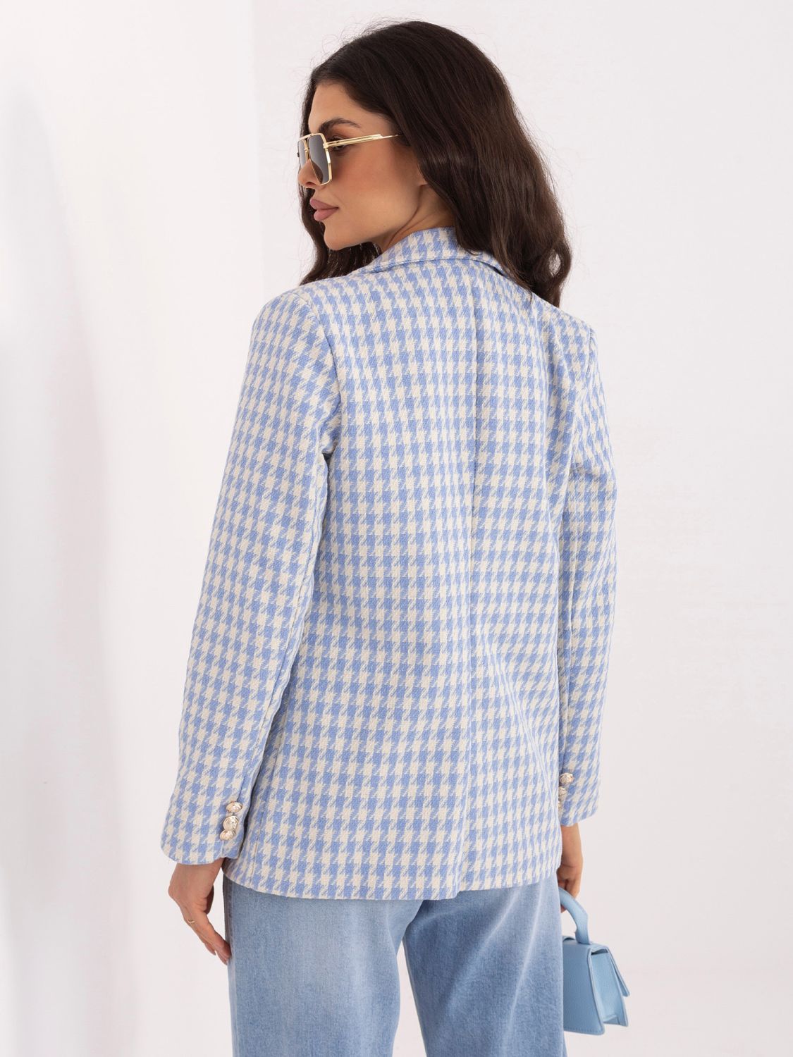 Blauer Blazer mit Hahnentrittmuster und Futter