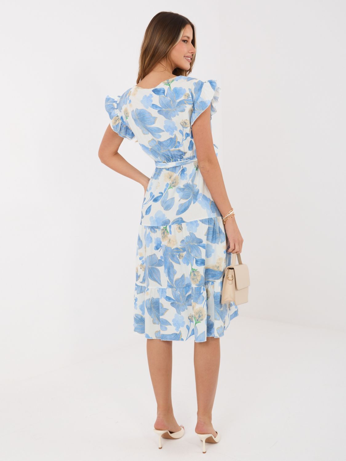 Blaues ausgestelltes Midi-Kleid mit Gürtel und Volant