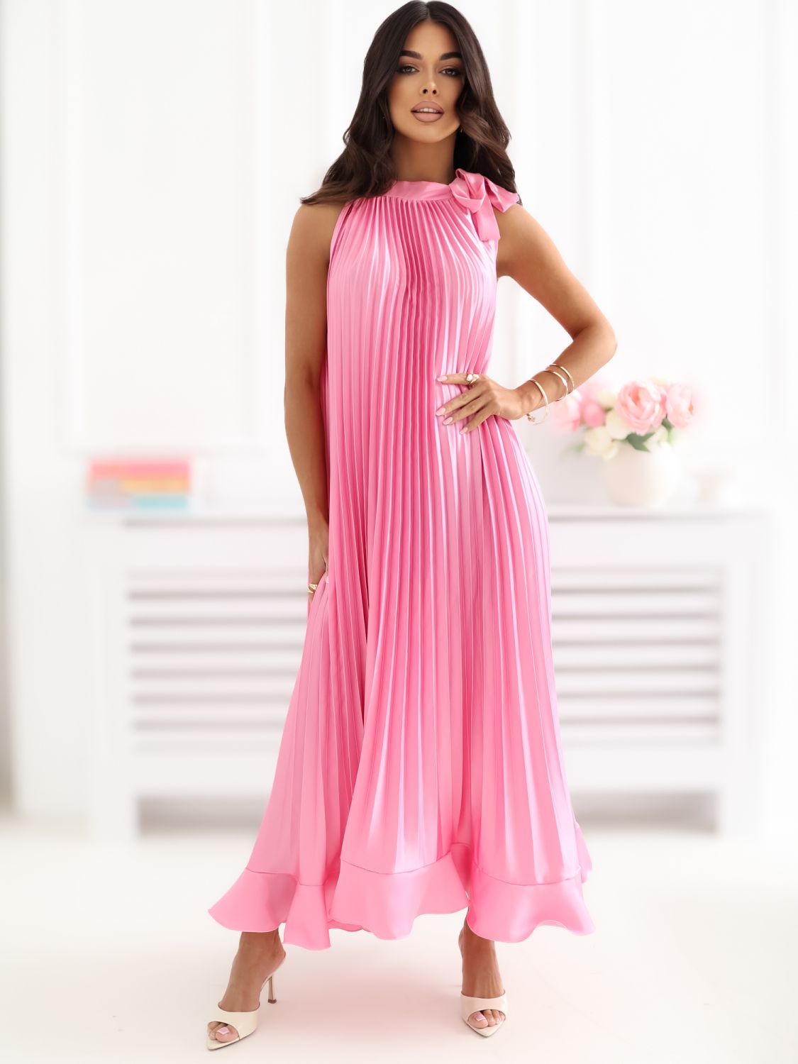 Rosa ärmelloses Midi-Cocktailkleid