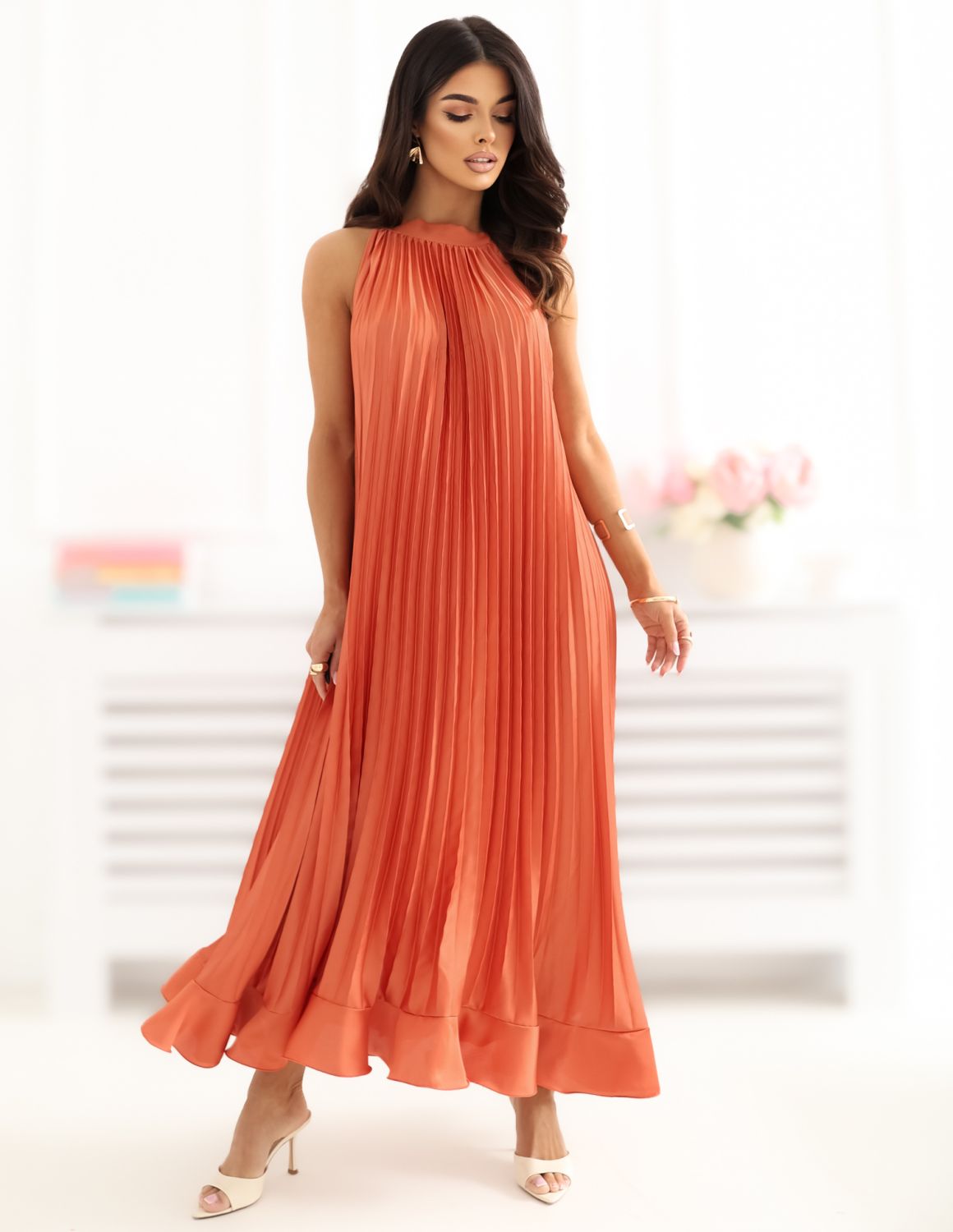 Oranges Midi-Cocktailkleid ohne Ärmel