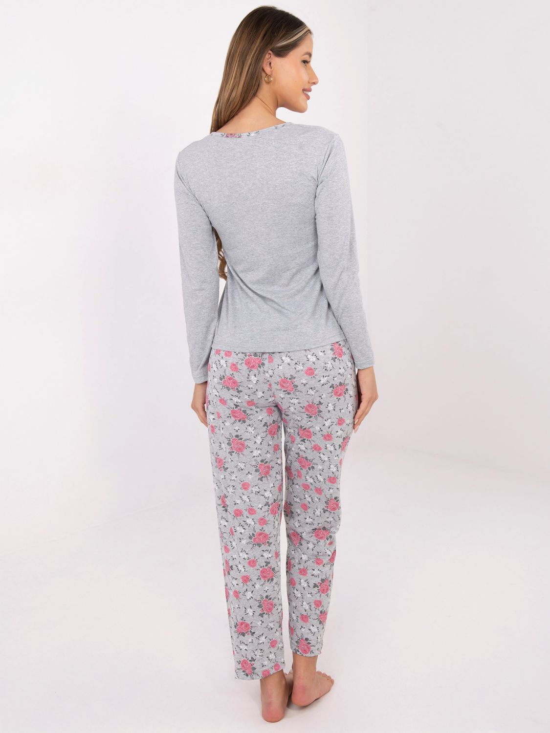 Damen Baumwoll-Pyjama mit Blumenmuster, grau