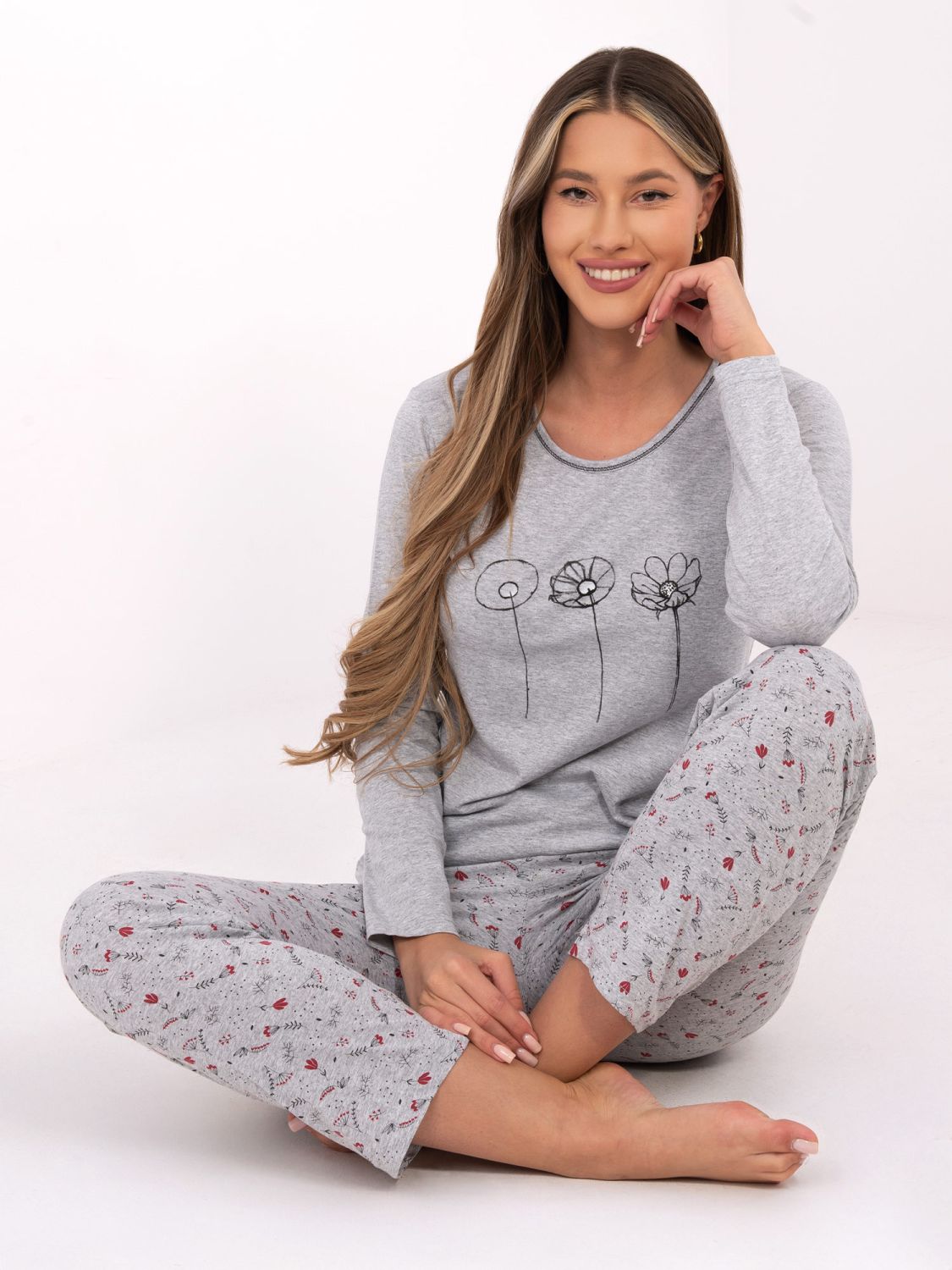 Damen Baumwoll-Pyjama mit Print, grau