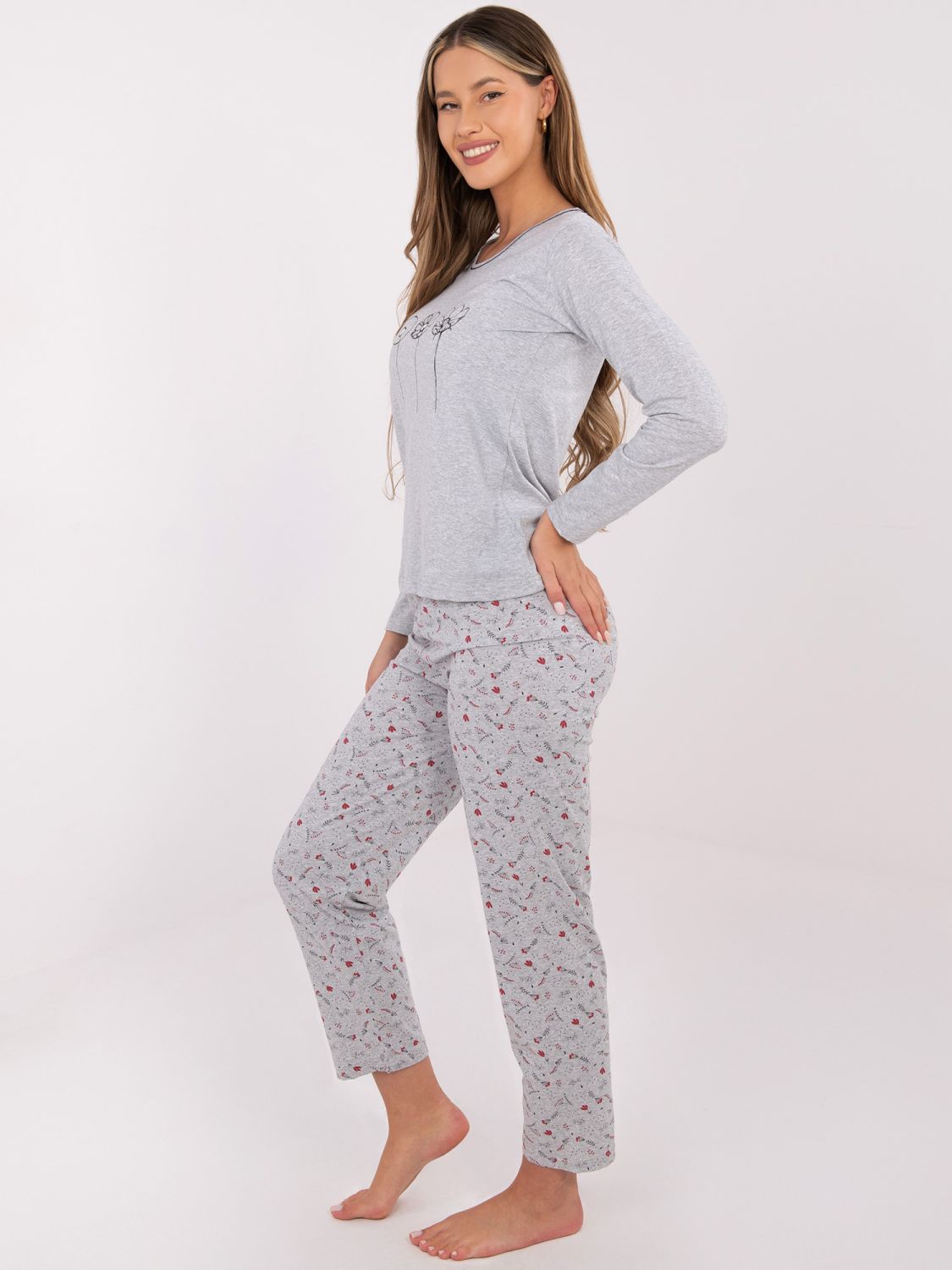 Damen Baumwoll-Pyjama mit Print, grau