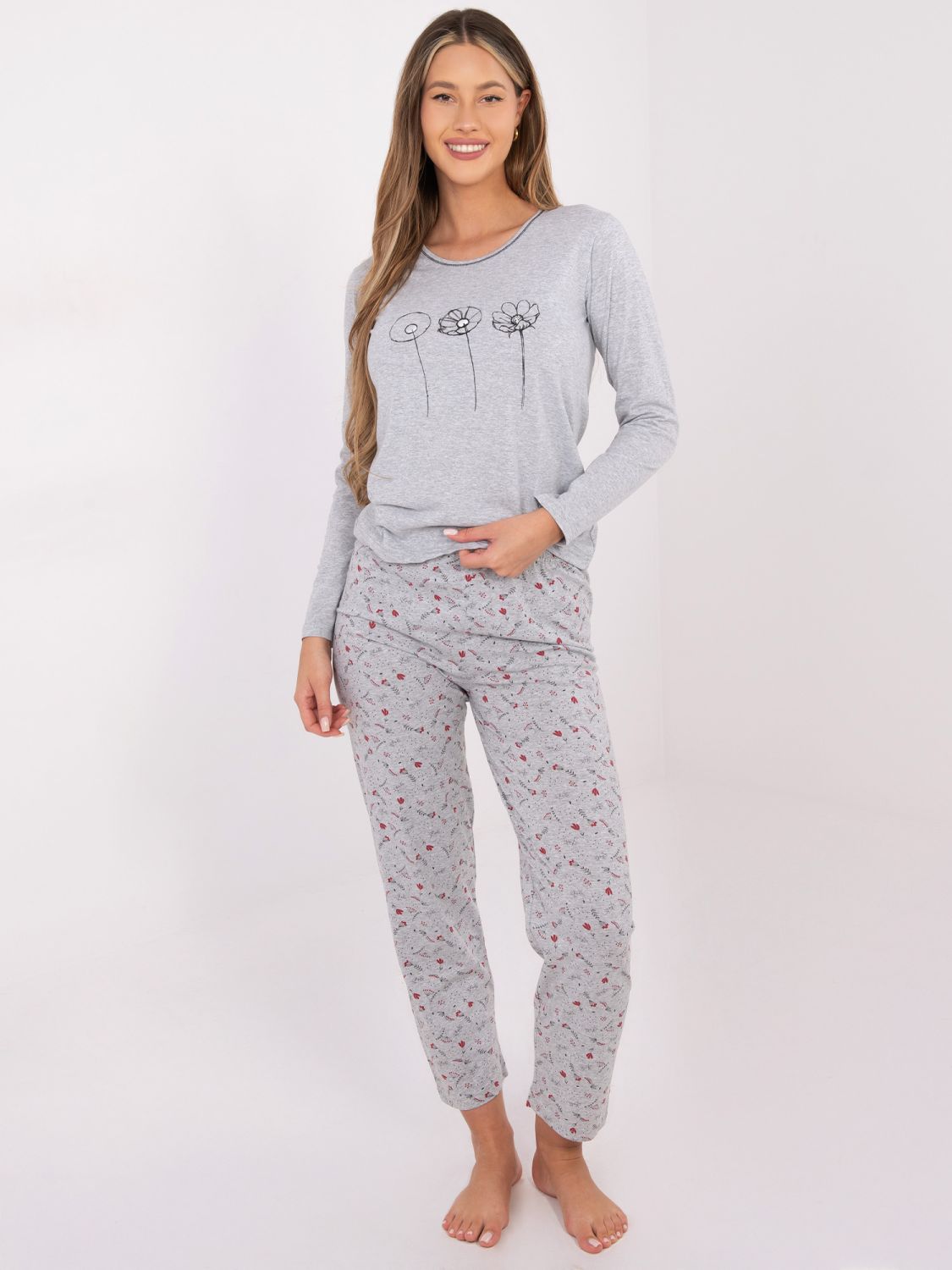 Damen Baumwoll-Pyjama mit Print, grau