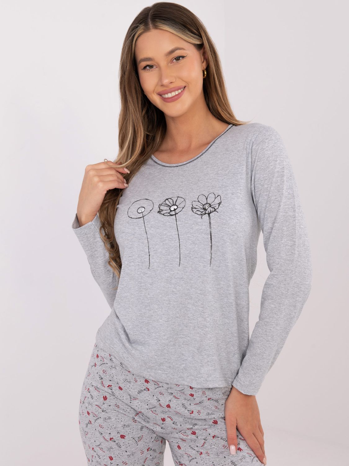 Damen Baumwoll-Pyjama mit Print, grau