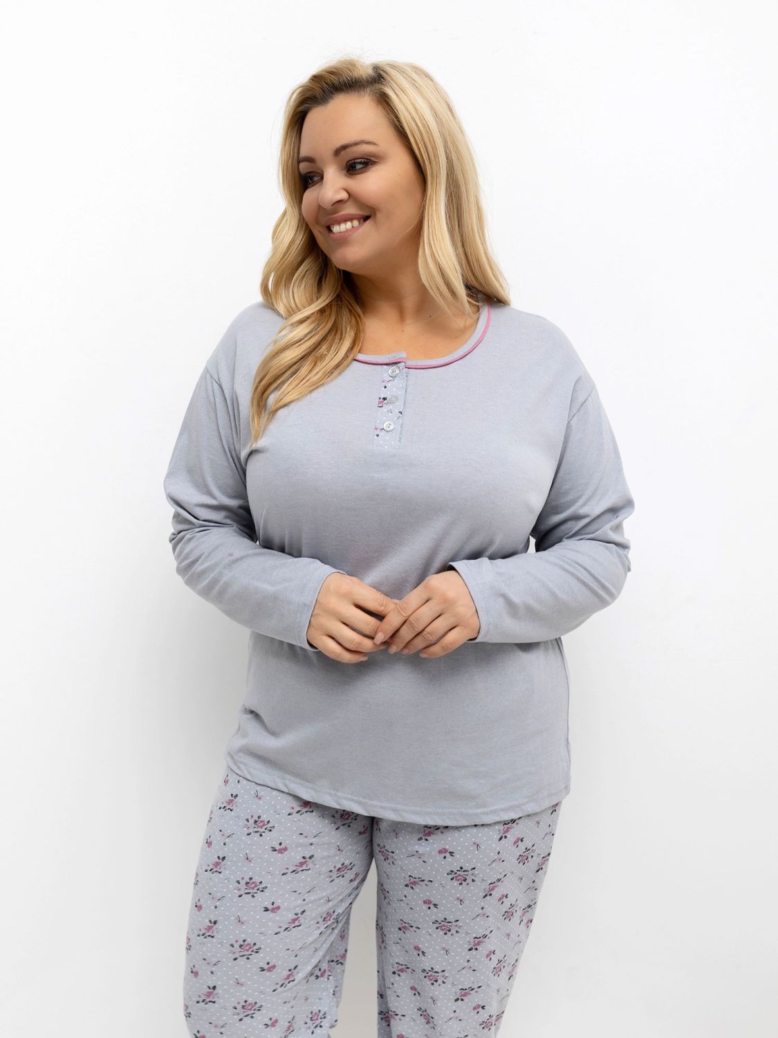 Damen Schlafanzug grau mit Blumen- und Punktmuster