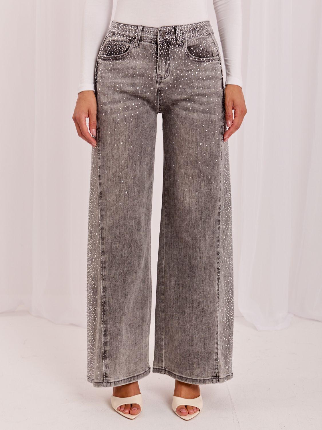 Graue Wide-Leg-Jeans mit hohem Bund
