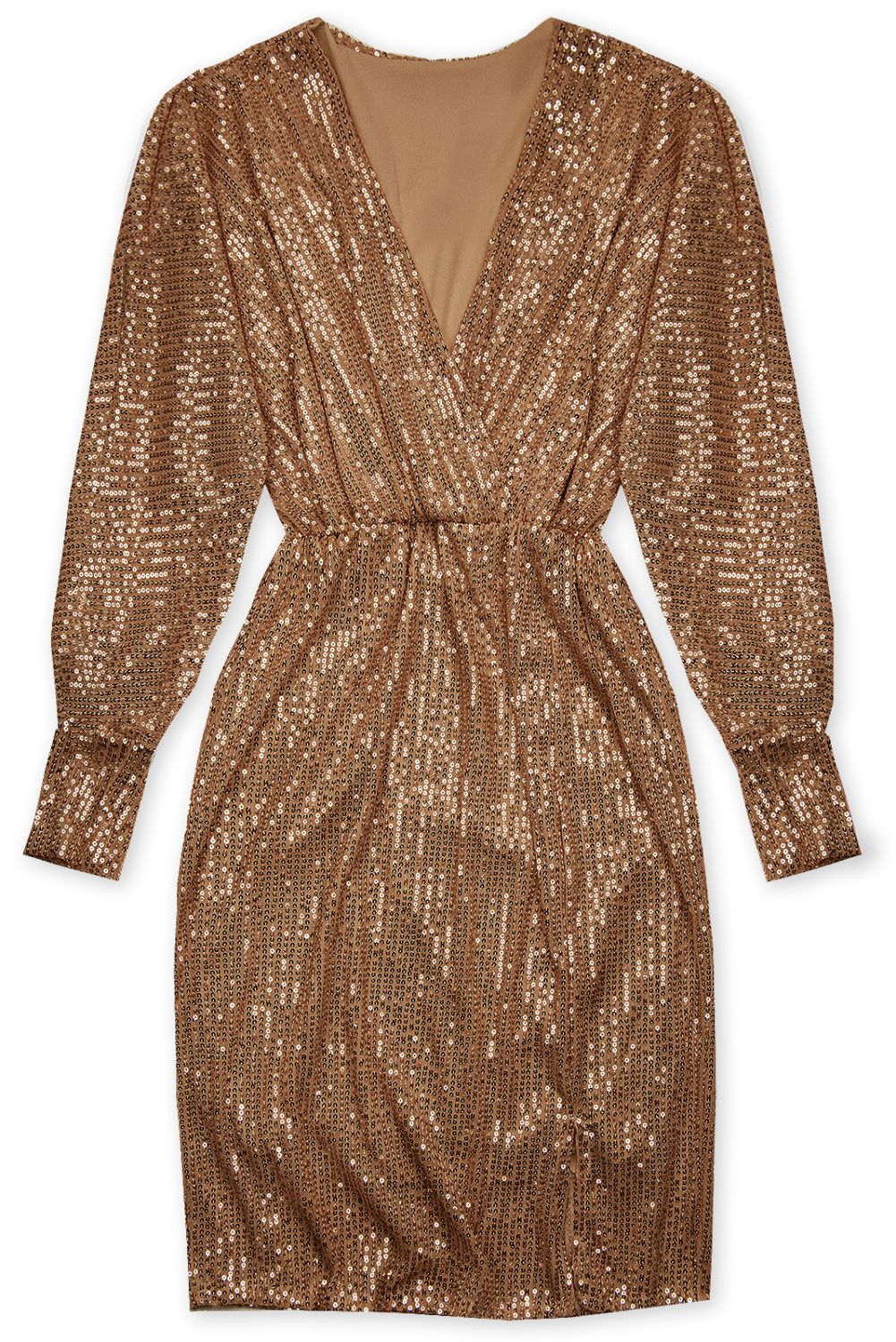 Pailletten Kleid mit V-Ausschnitt Mocca