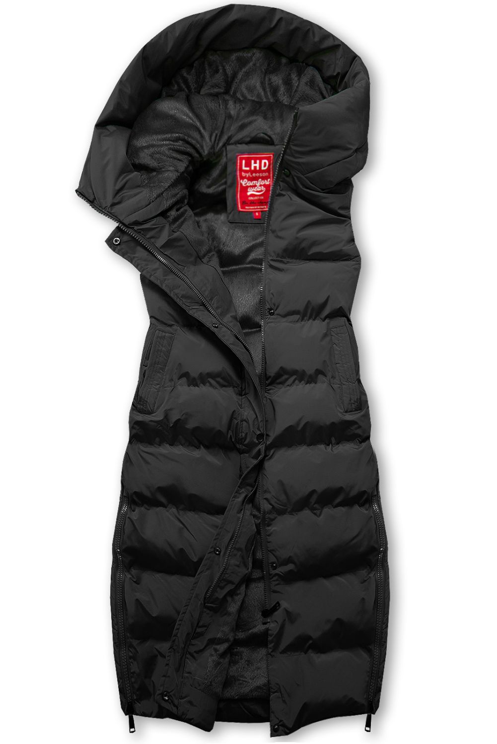 Lange Steppweste mit Kapuze Schwarz